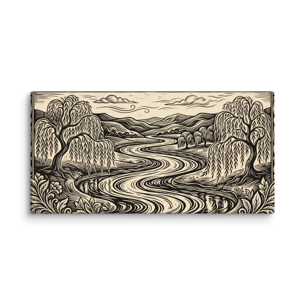Flowing River Woodcut 
 Canvas | 12″x 24″