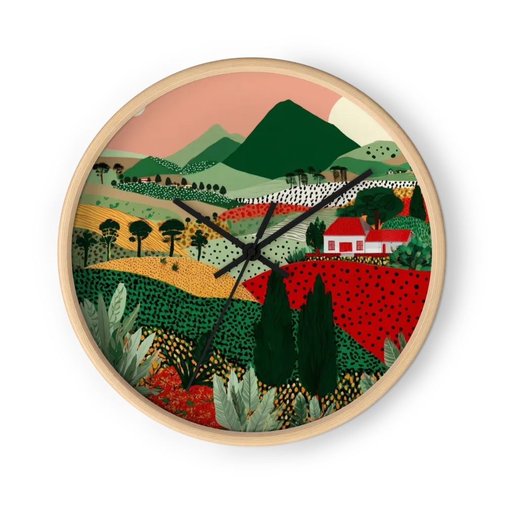 Hill Farm Clocks In Red And Green — Dotted Fields, Pink Skies