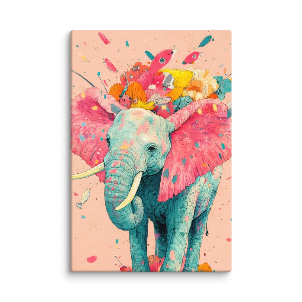 Floral Elephant Whimsy 
 Canvas with White Frame