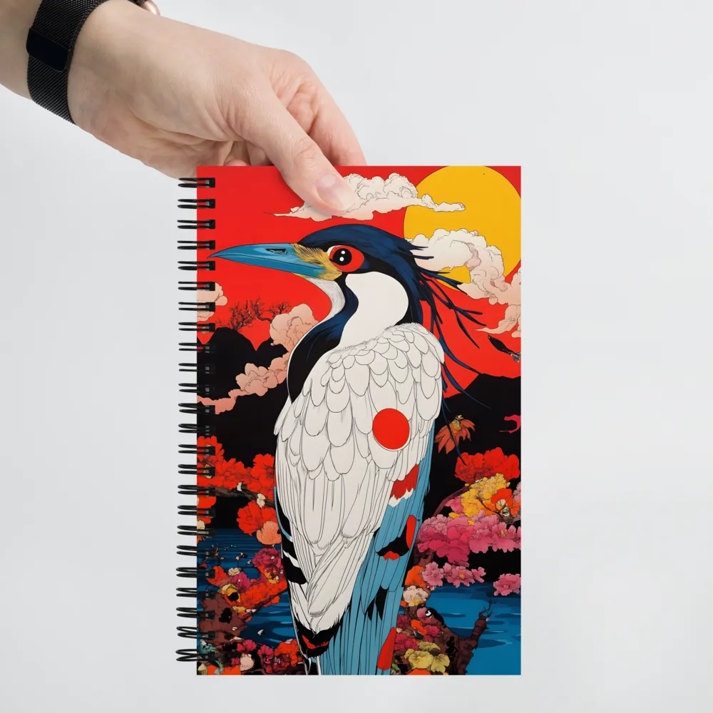 Neo-Ukiyo-e Heron Amidst Blossoms 
 Spiral Notebook | 140 pages