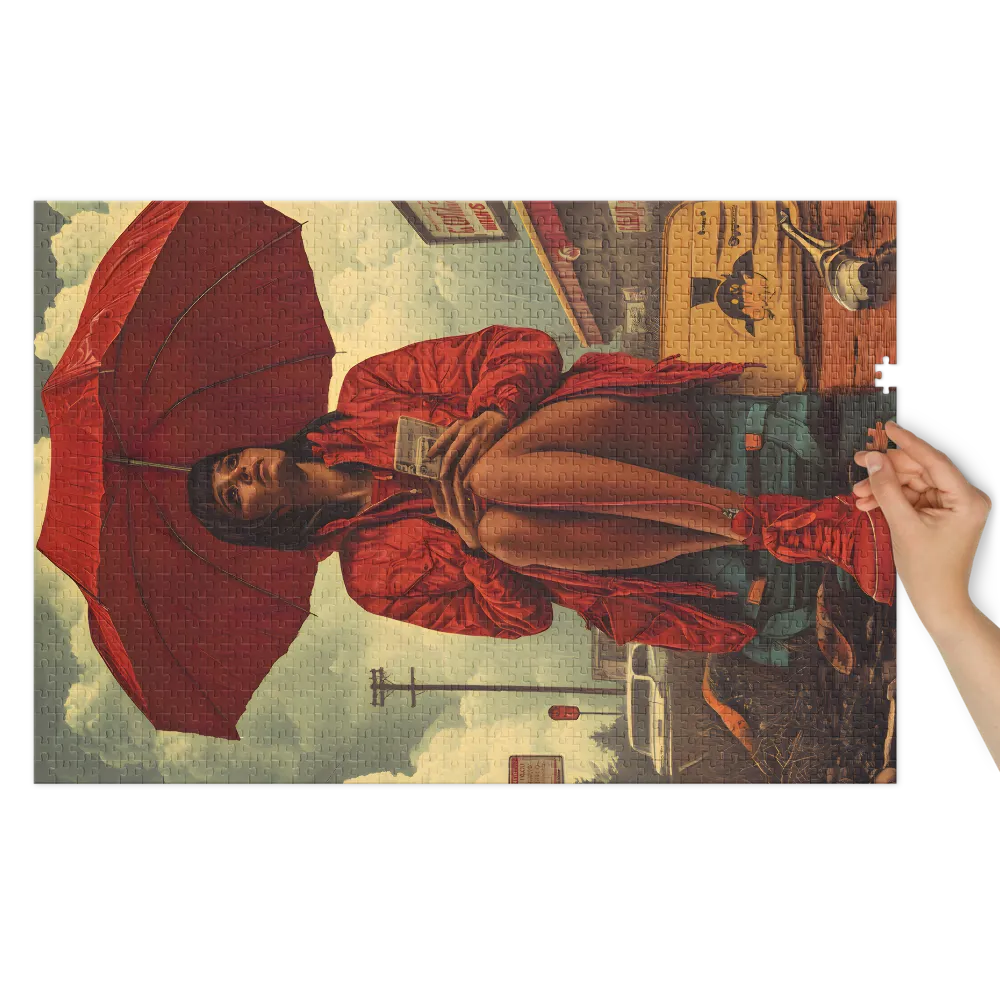 Woman with Red Umbrella in Urban Landscape | Jigsaw Puzzle (252/520 pieces)