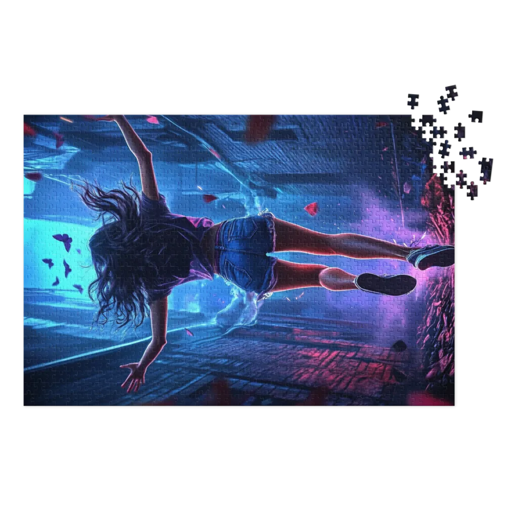 Female Figure Running in Vibrant Alley