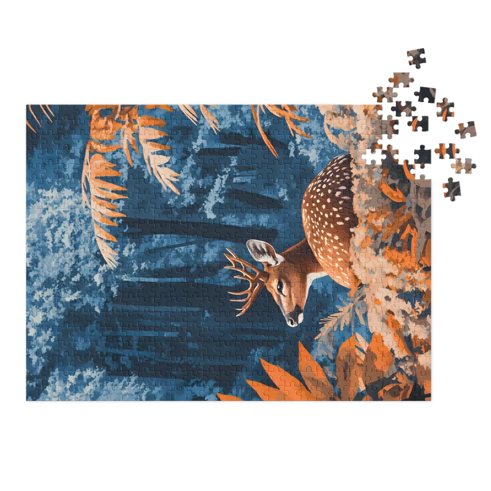 Illustrated Deer in Vibrant Blue Forest
