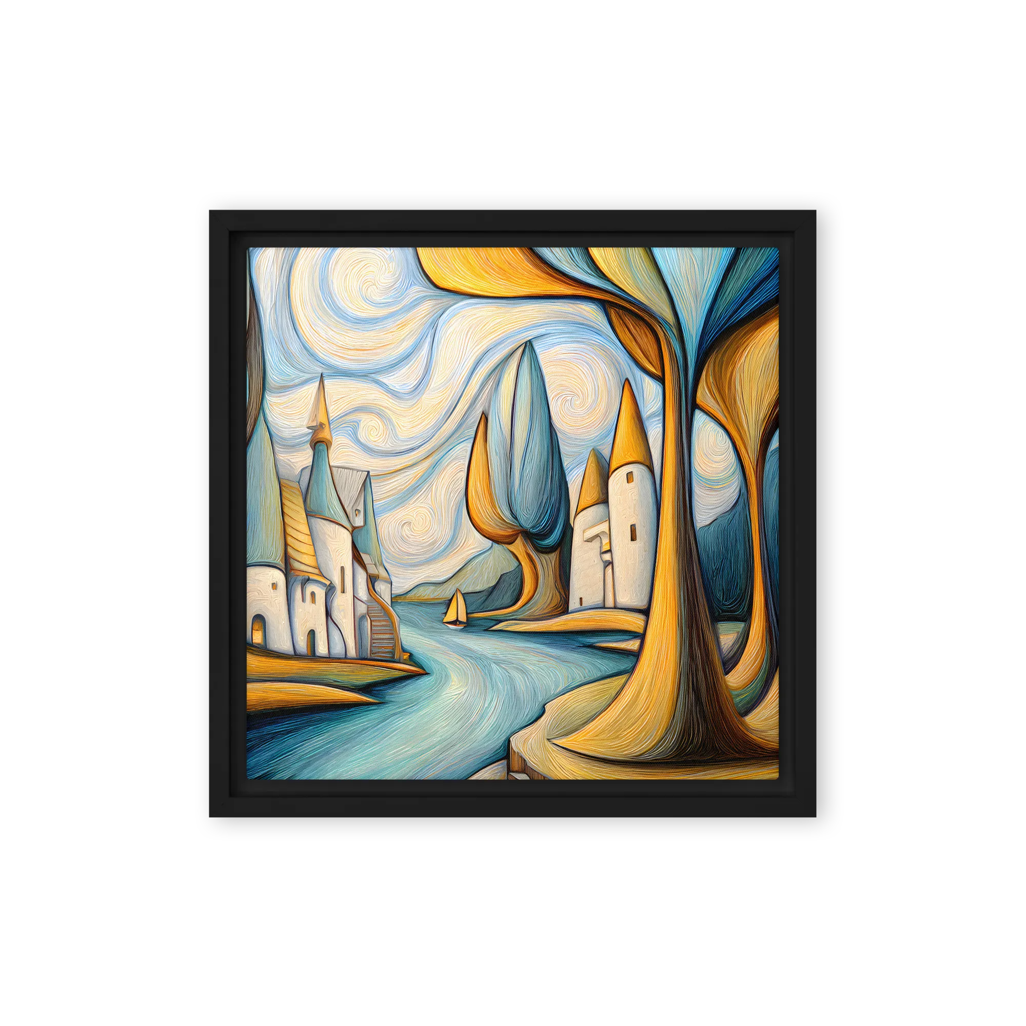 Faceted landscapes in gold and cyan — Swirling impasto lines