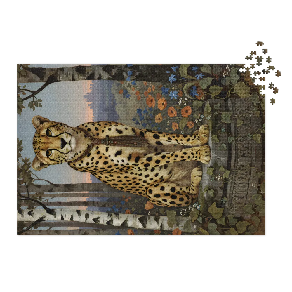 Cheetah on a Pedestal 
 Jigsaw Puzzle in Tin Box