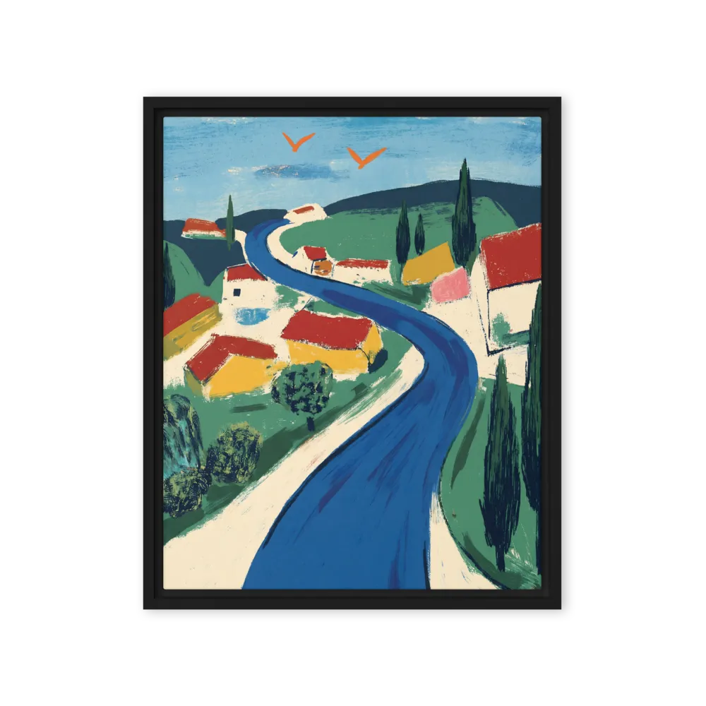 River through the Village 
 Paper Print With Red oak Frame & Mat | 18″x 24″