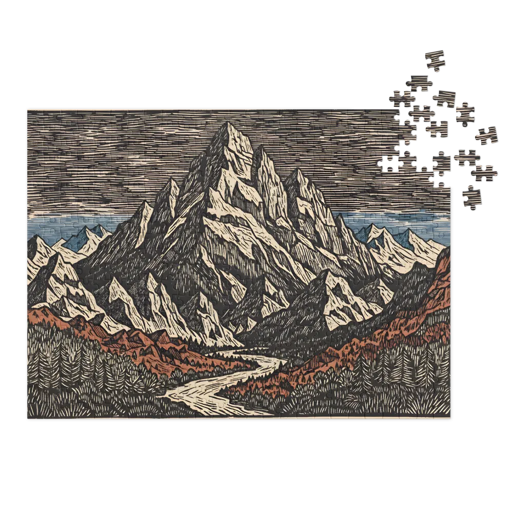 Alpine Woodcut Landscape 
 Jigsaw Puzzle in Tin Box