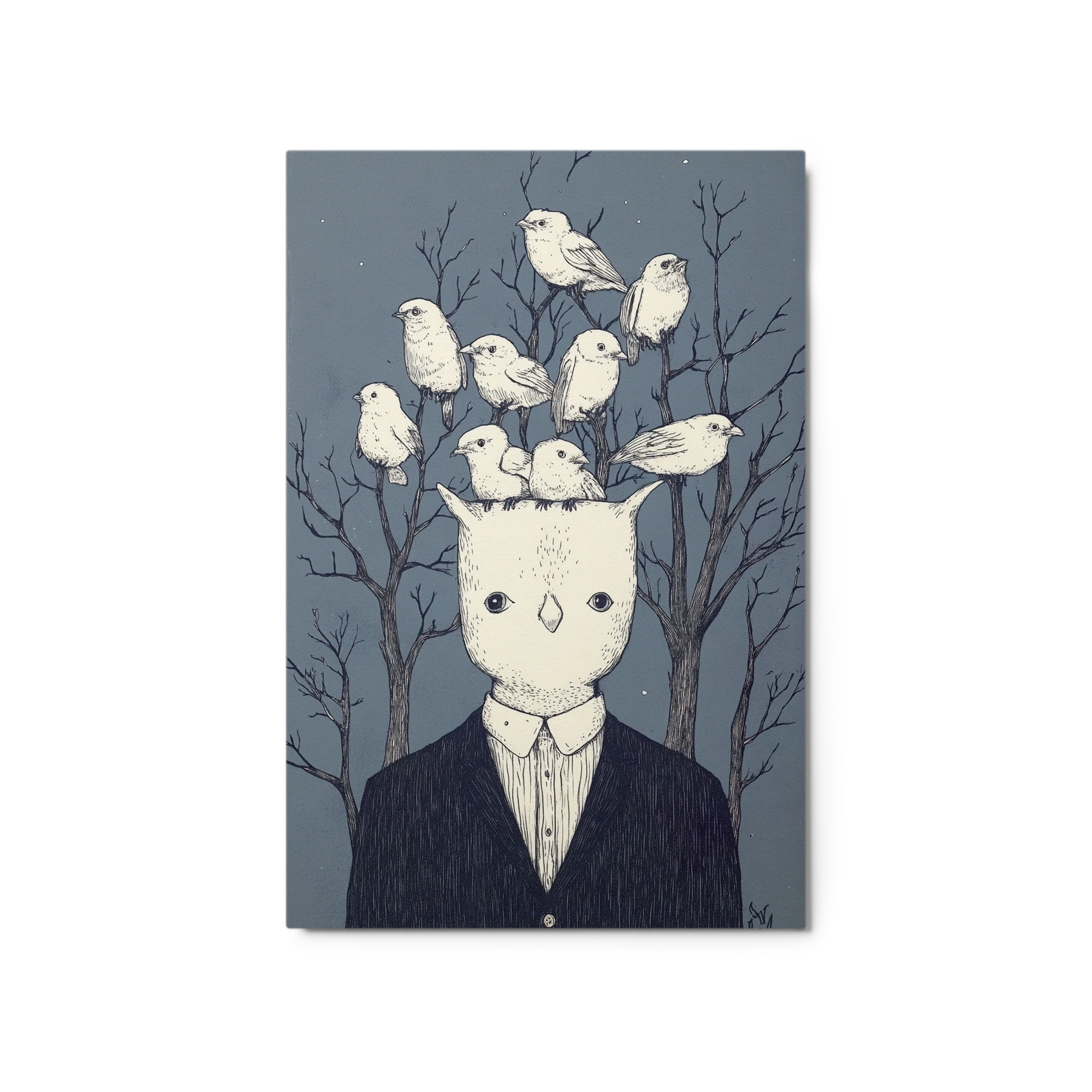 Surreal Owl Headed Figure with Birds