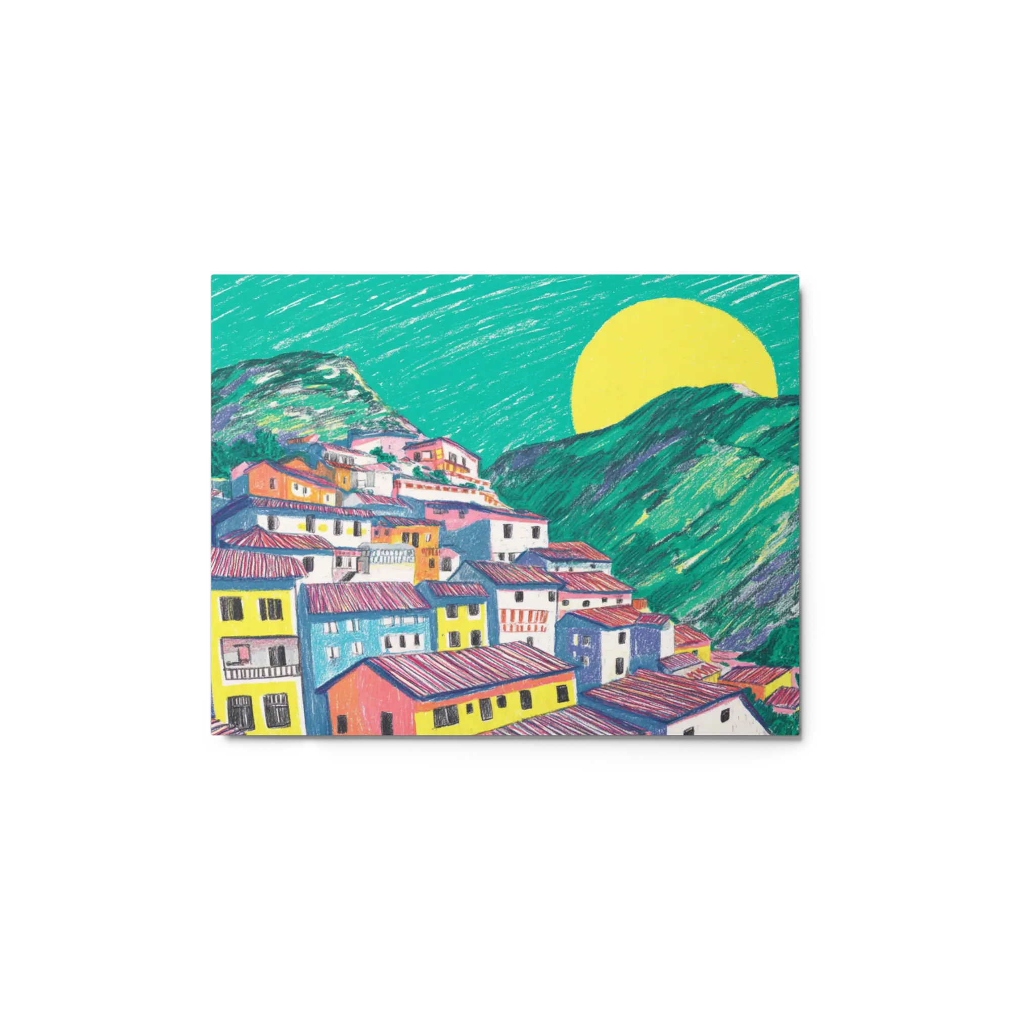 Sun Over the Hillside Town 
 Canvas with White Frame