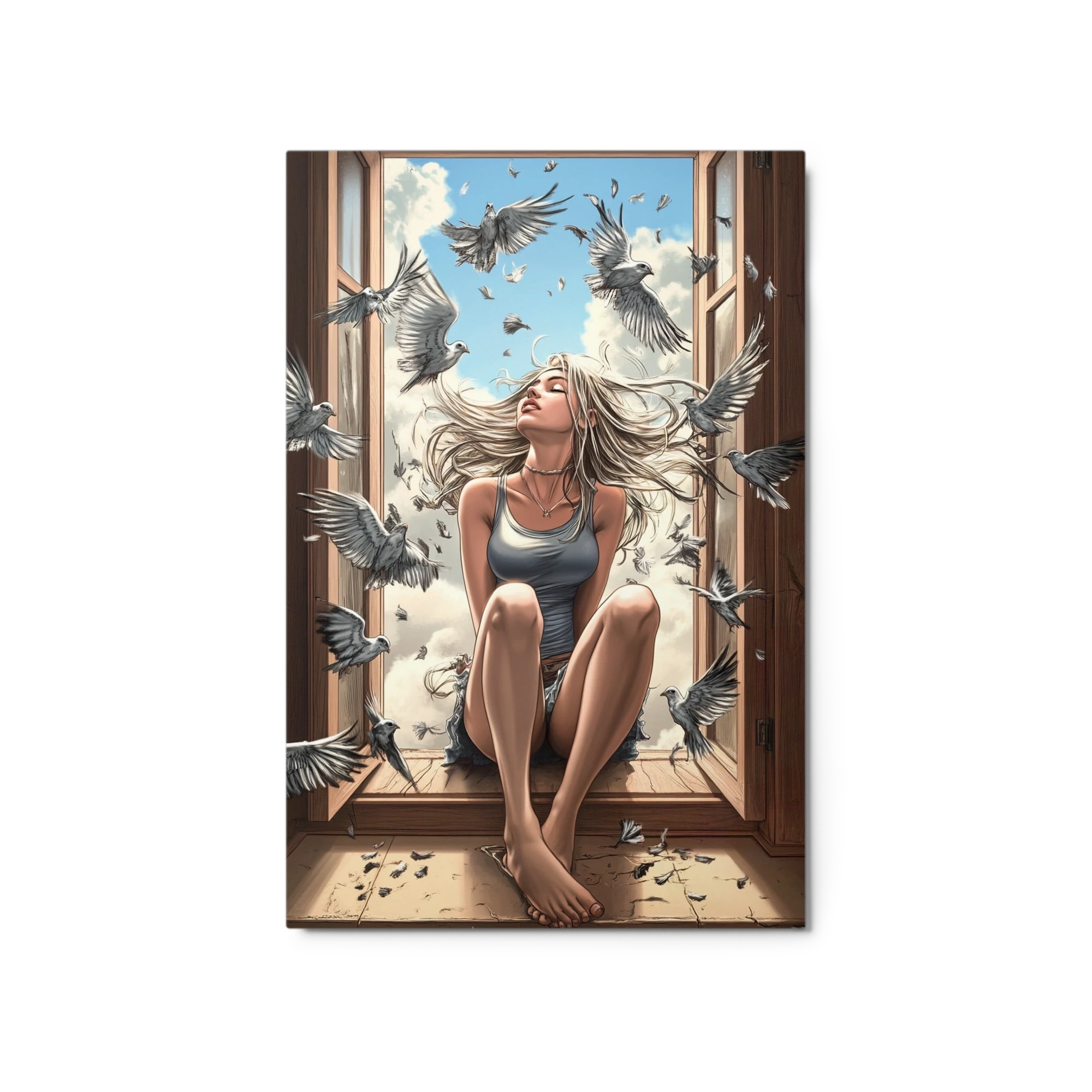 Woman Surrounded by Birds at Window