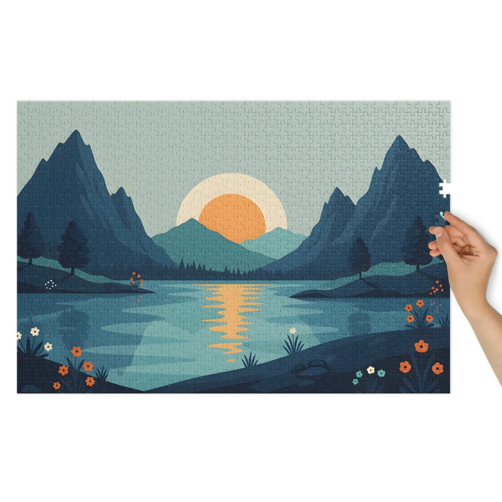 Sunset Over Mountain Lake 
 Jigsaw Puzzle in Tin Box