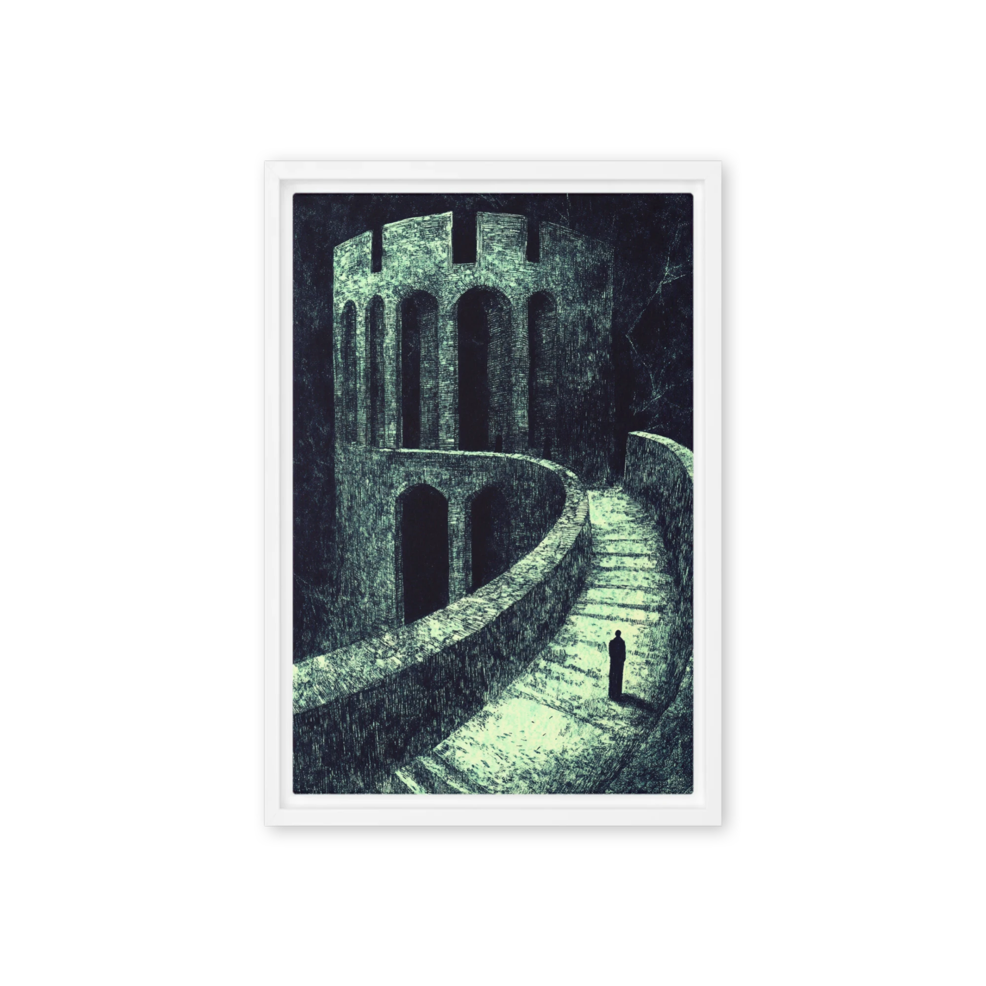 Surrealist Ink Drawing of Tower and Figure