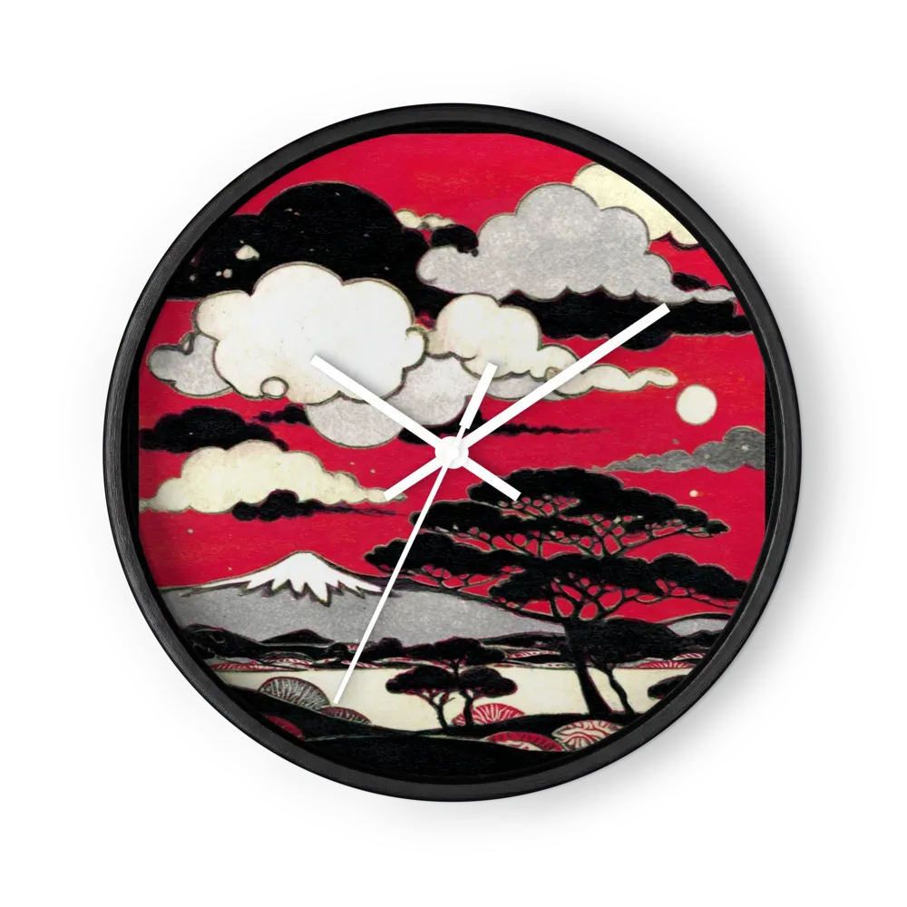 Neo-Ukiyo-e Crimson Ink Wall Clocks — Black Pines, Bone Clouds