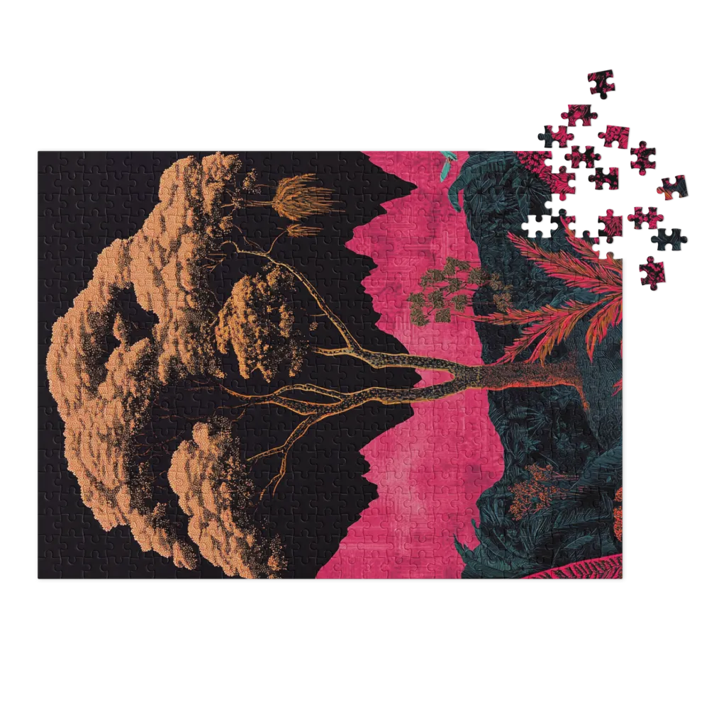 Stylized Tree in Pink and Black Landscape
