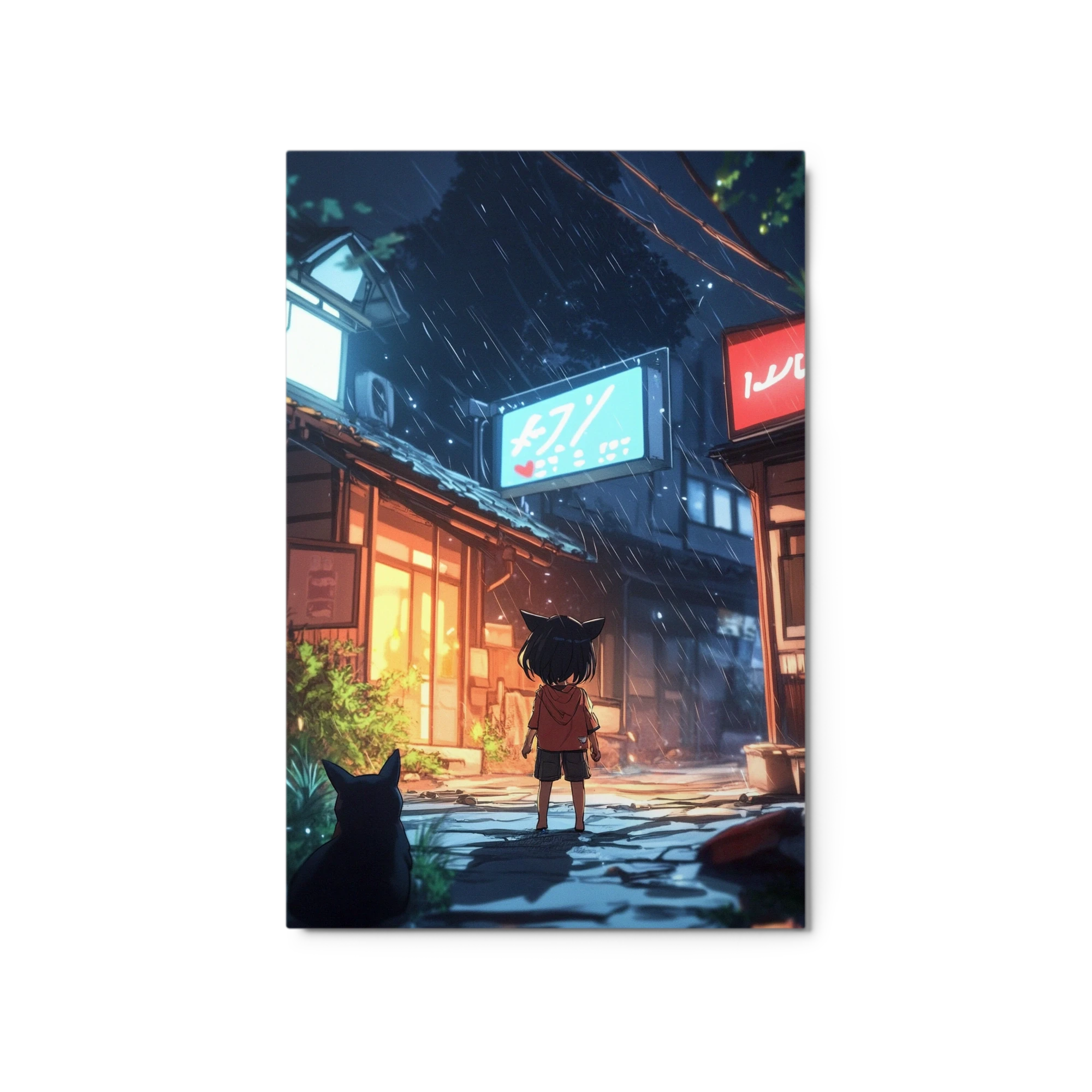 Child with Cat Ears in Rainy Street