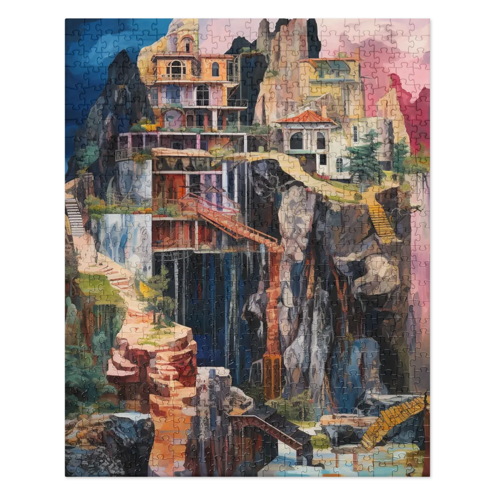 Painterly Surreal Cliffside Citadel 
 Jigsaw Puzzle