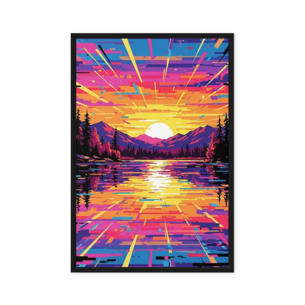 Vibrant Glitch Sunset Over Lake