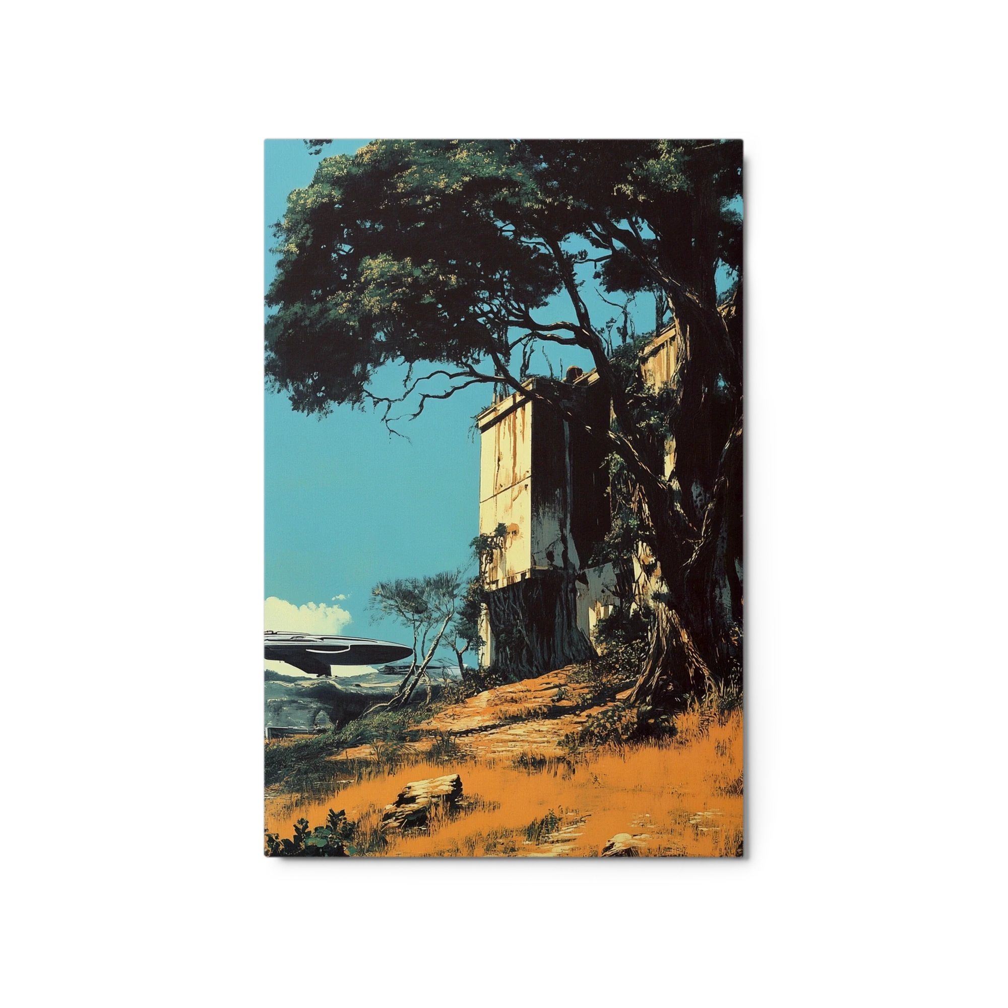 Science Fiction Landscape with Building and Spaceship