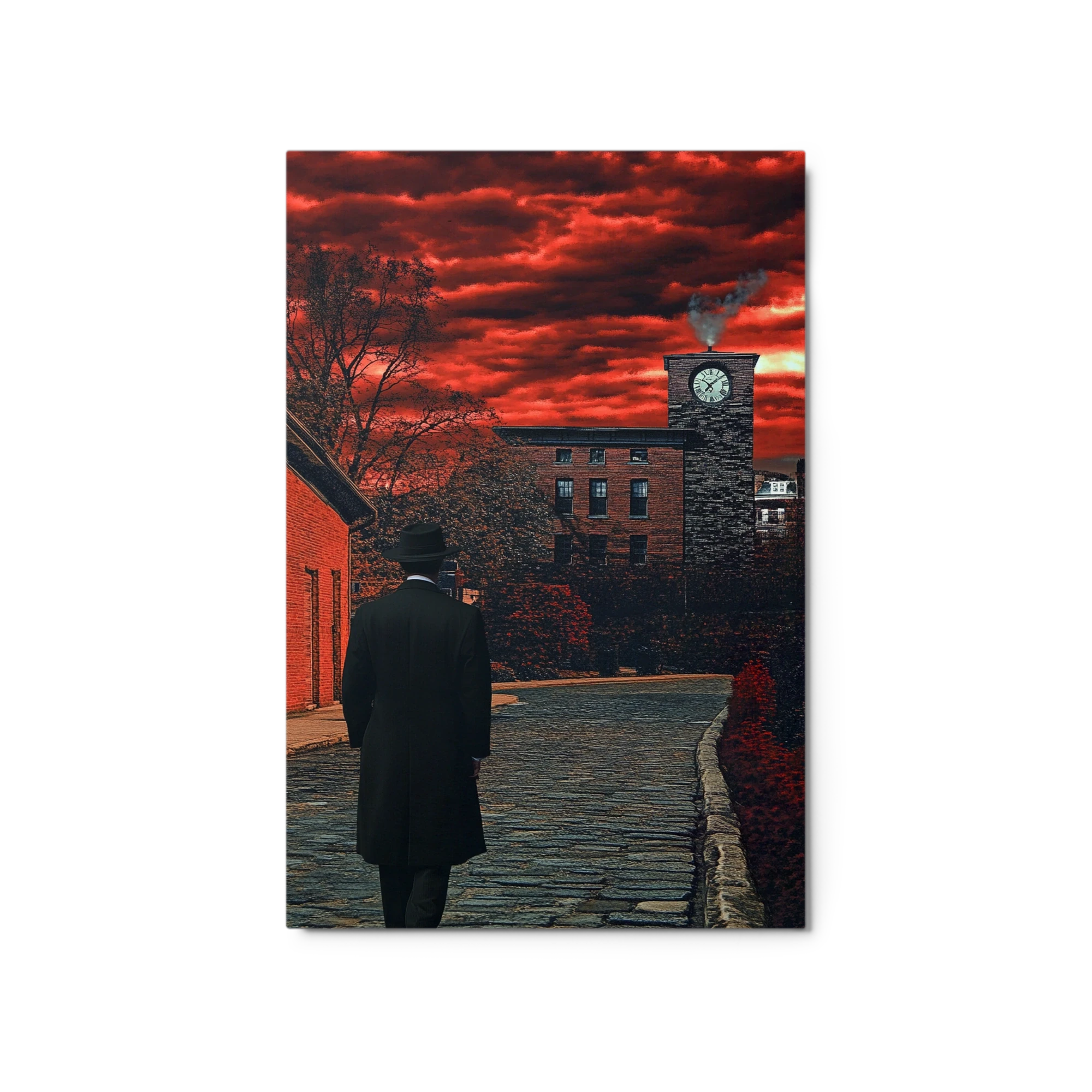 Surreal Man Walking Towards Clock Tower