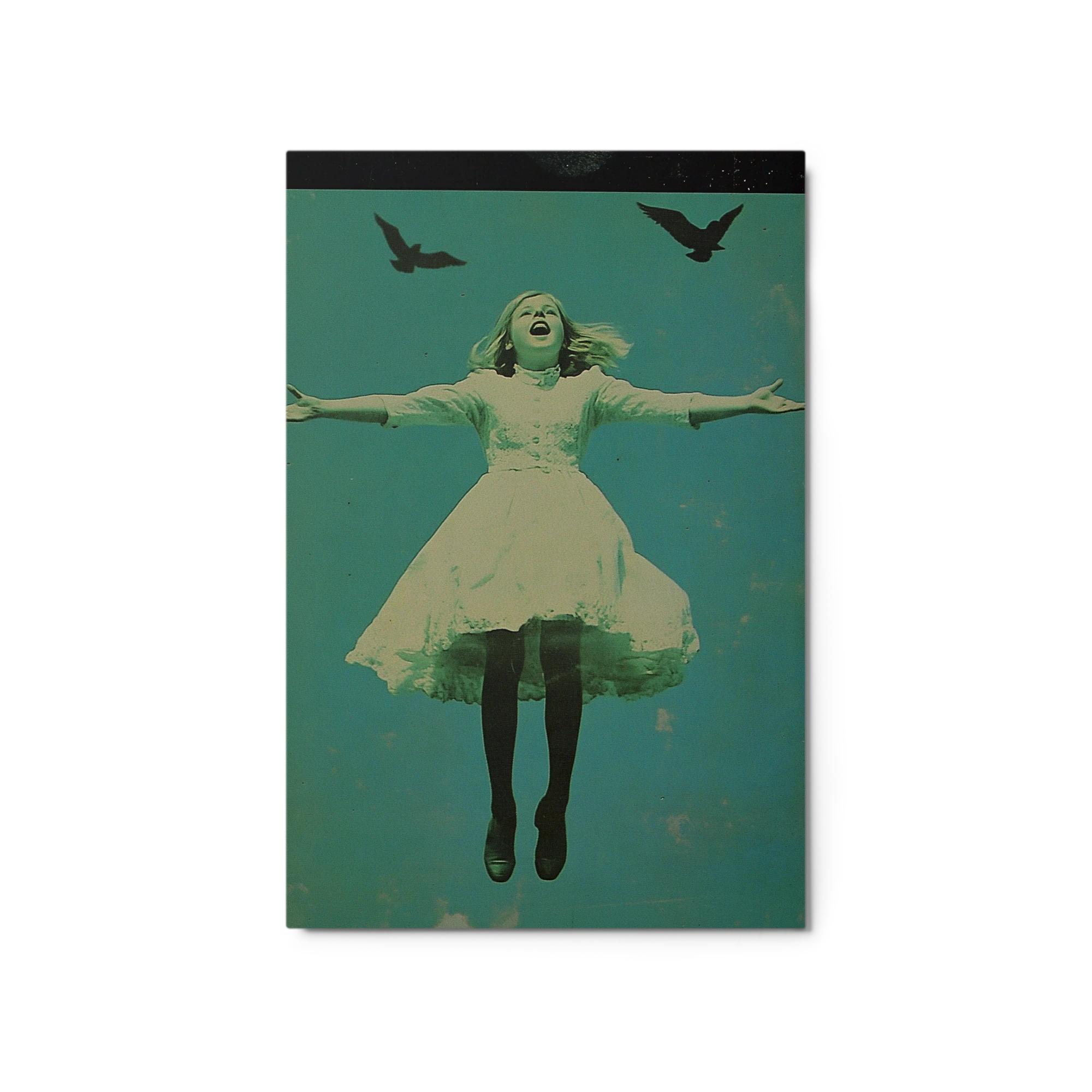 Surreal Floating Girl with Birds