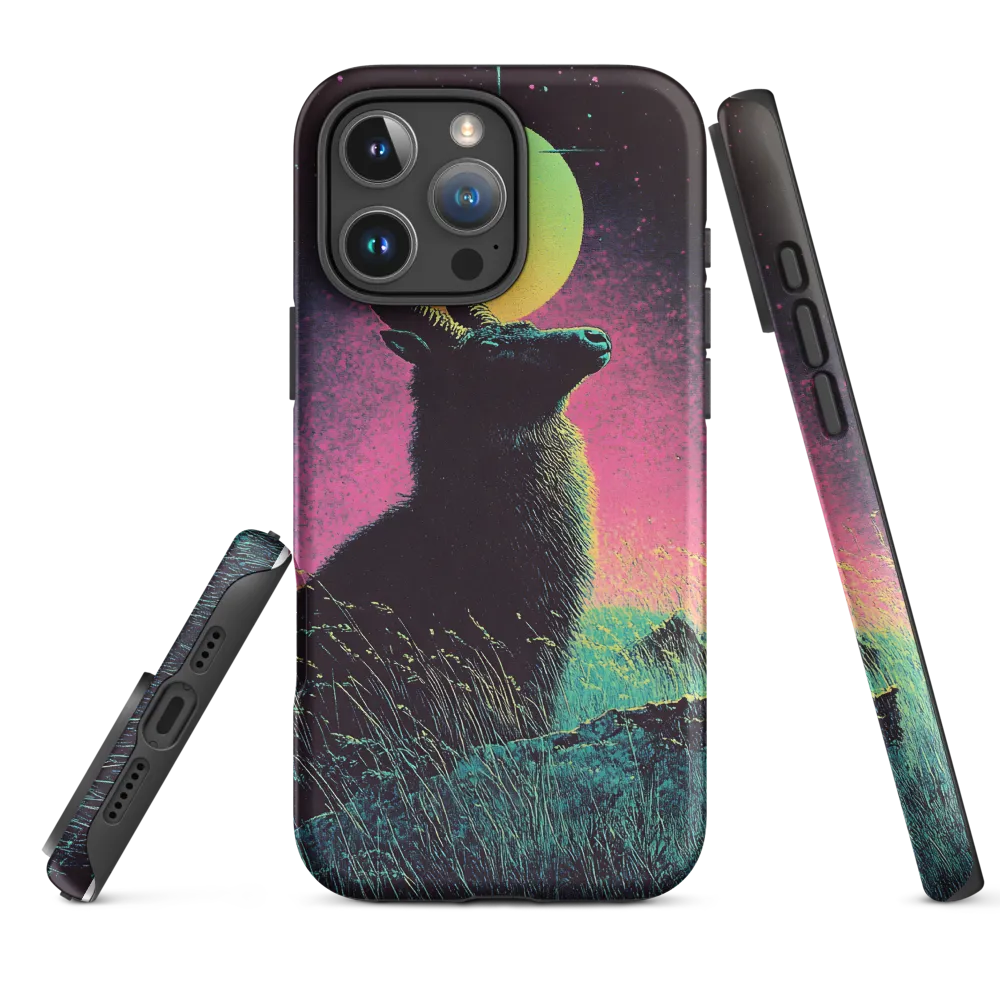 Surreal Goat Landscape with Neon Moon