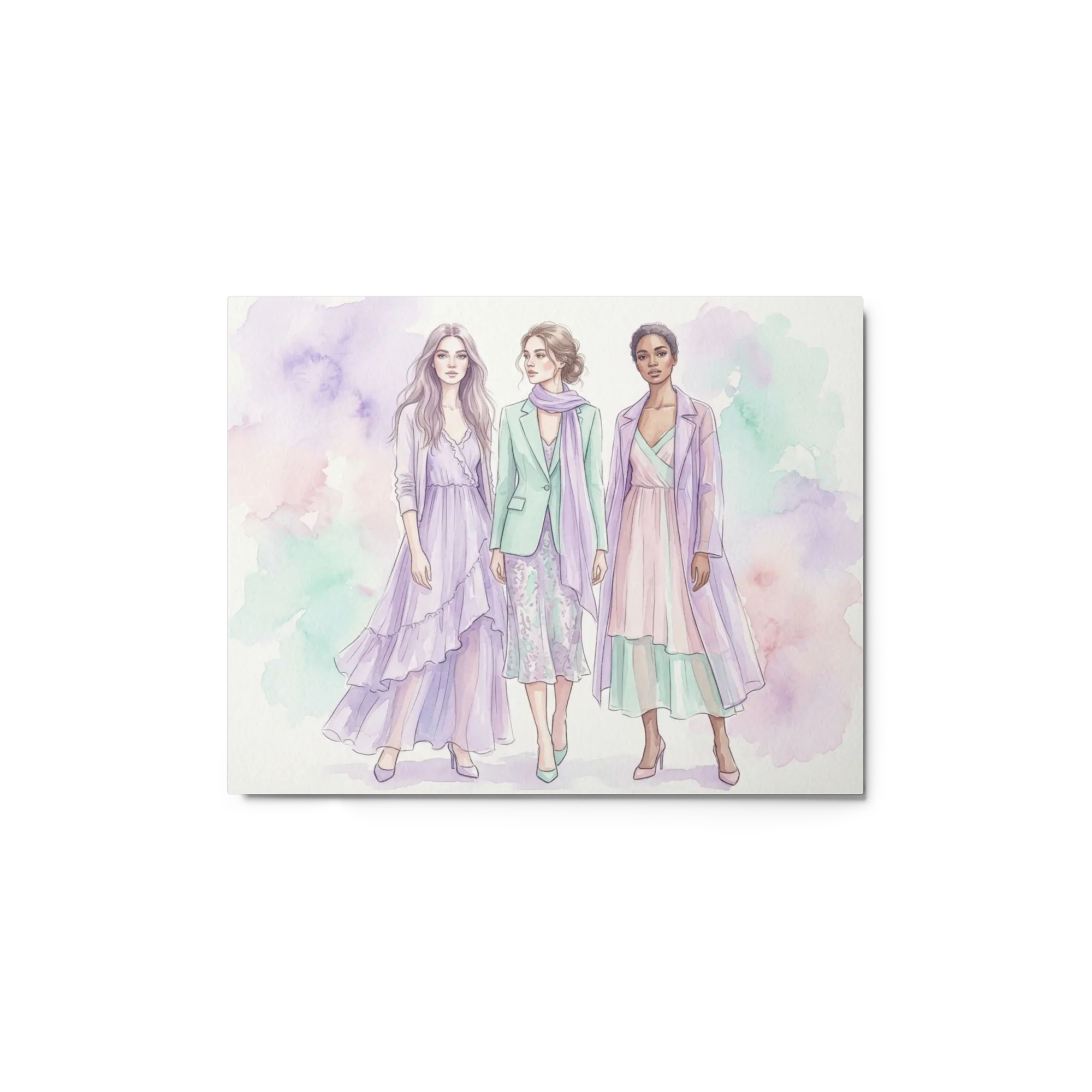 Pastel Elegance: Three Fashion Figures 
 Canvas with Brown Frame