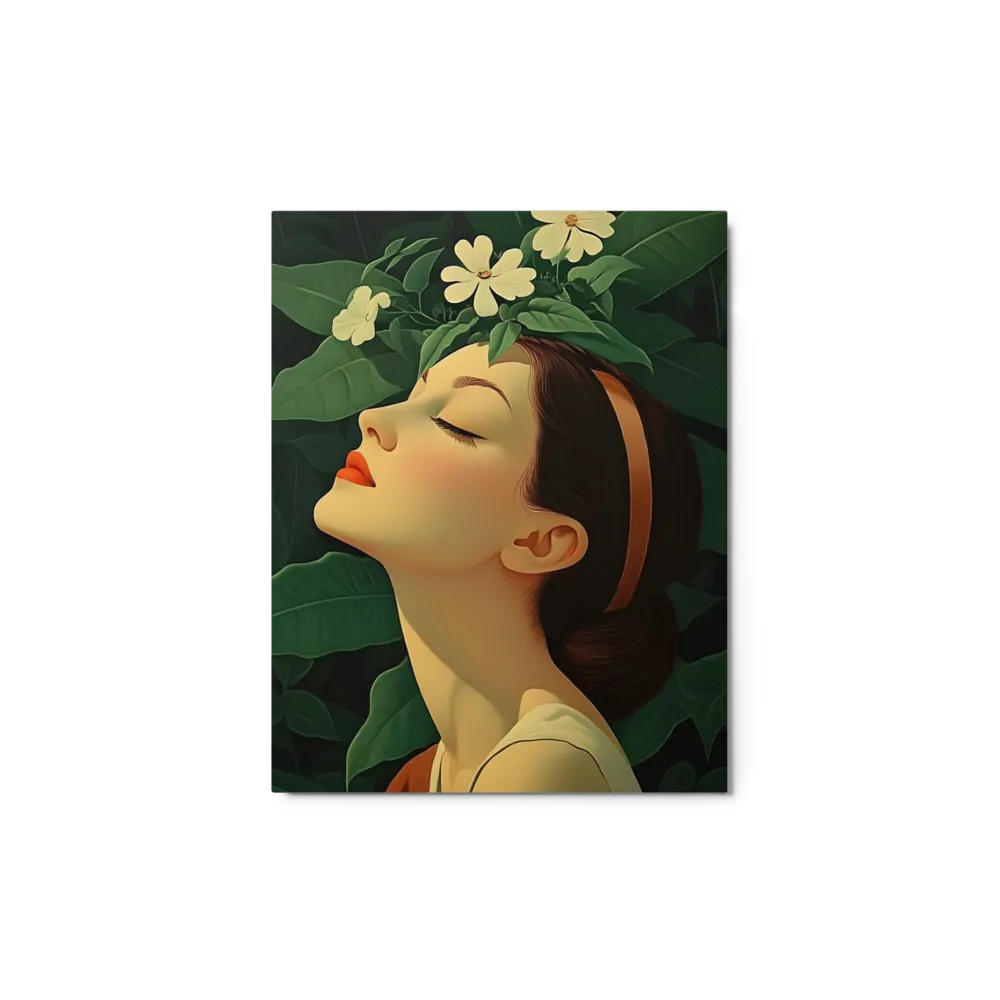 Woman with Flowers and Green Leaves