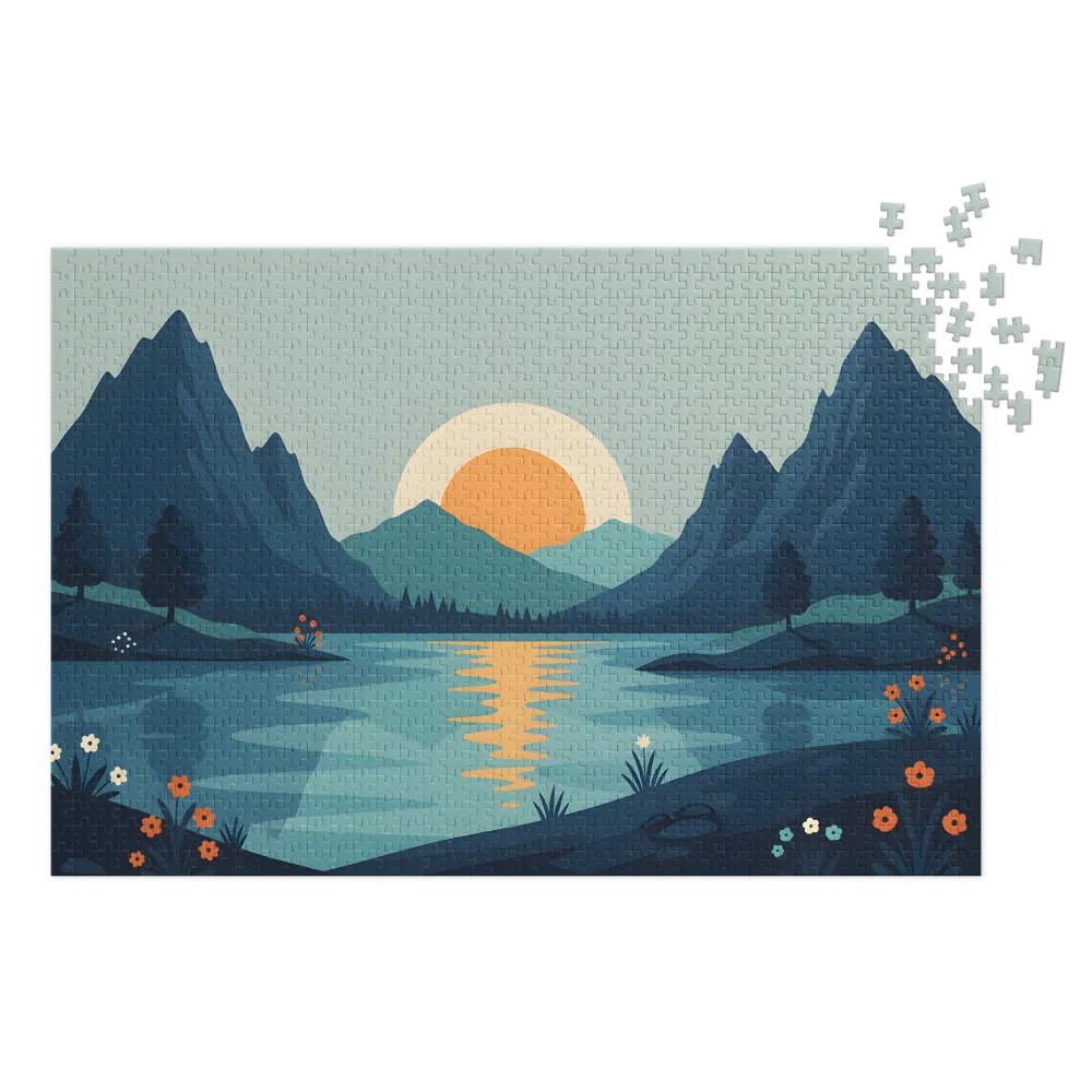 Sunset Over Mountain Lake 
 Jigsaw Puzzle in Tin Box