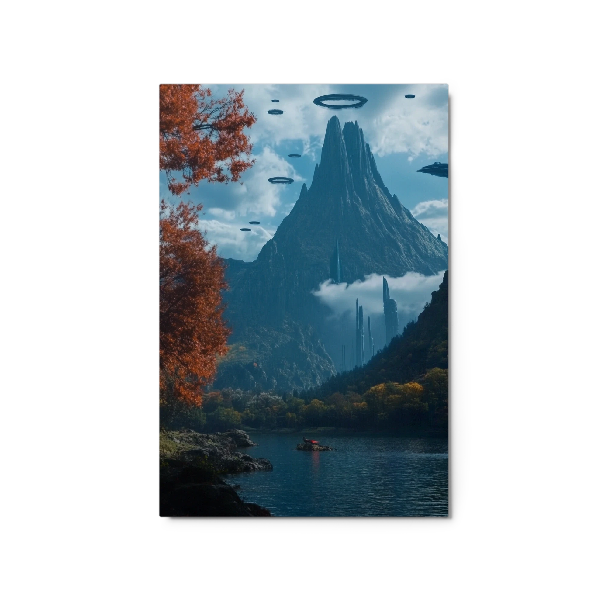 Surreal Mountain Landscape with UFOs