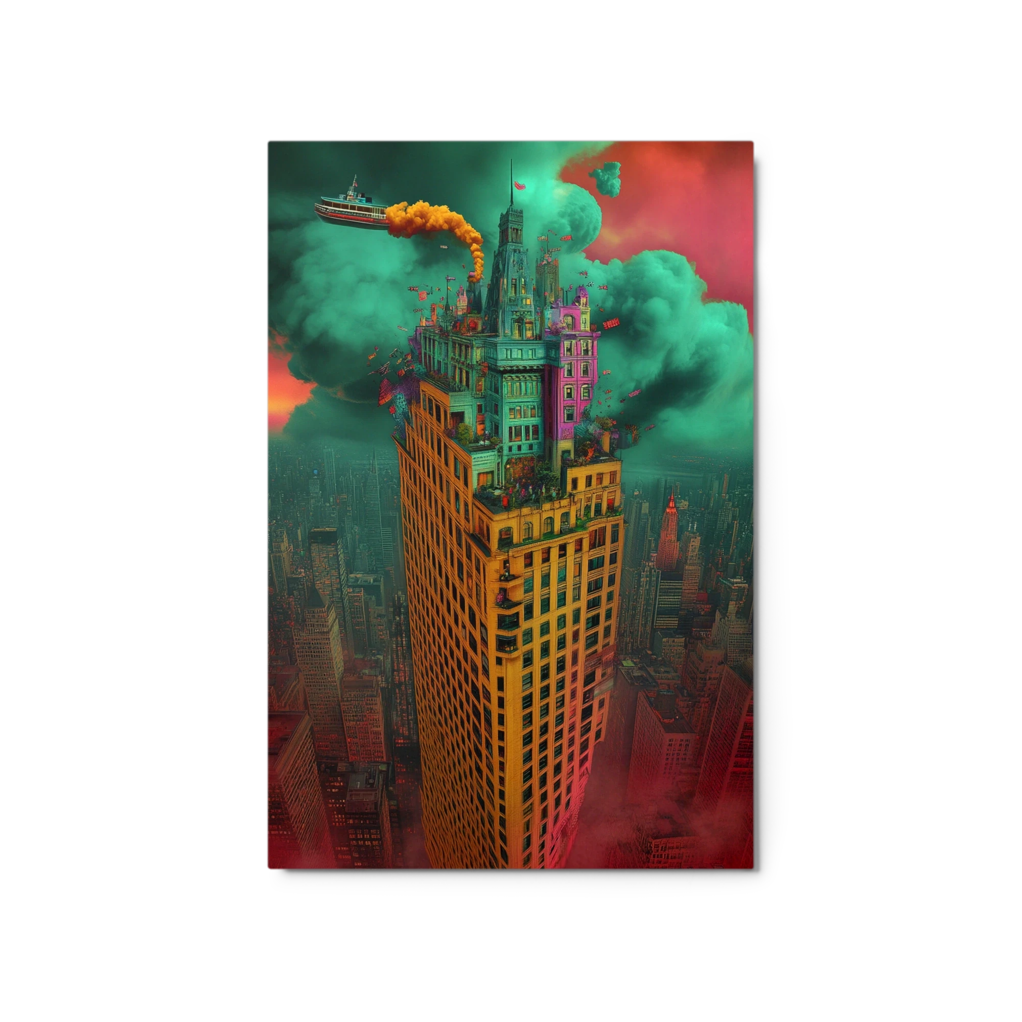 Surreal Tower with Smoke and Ship