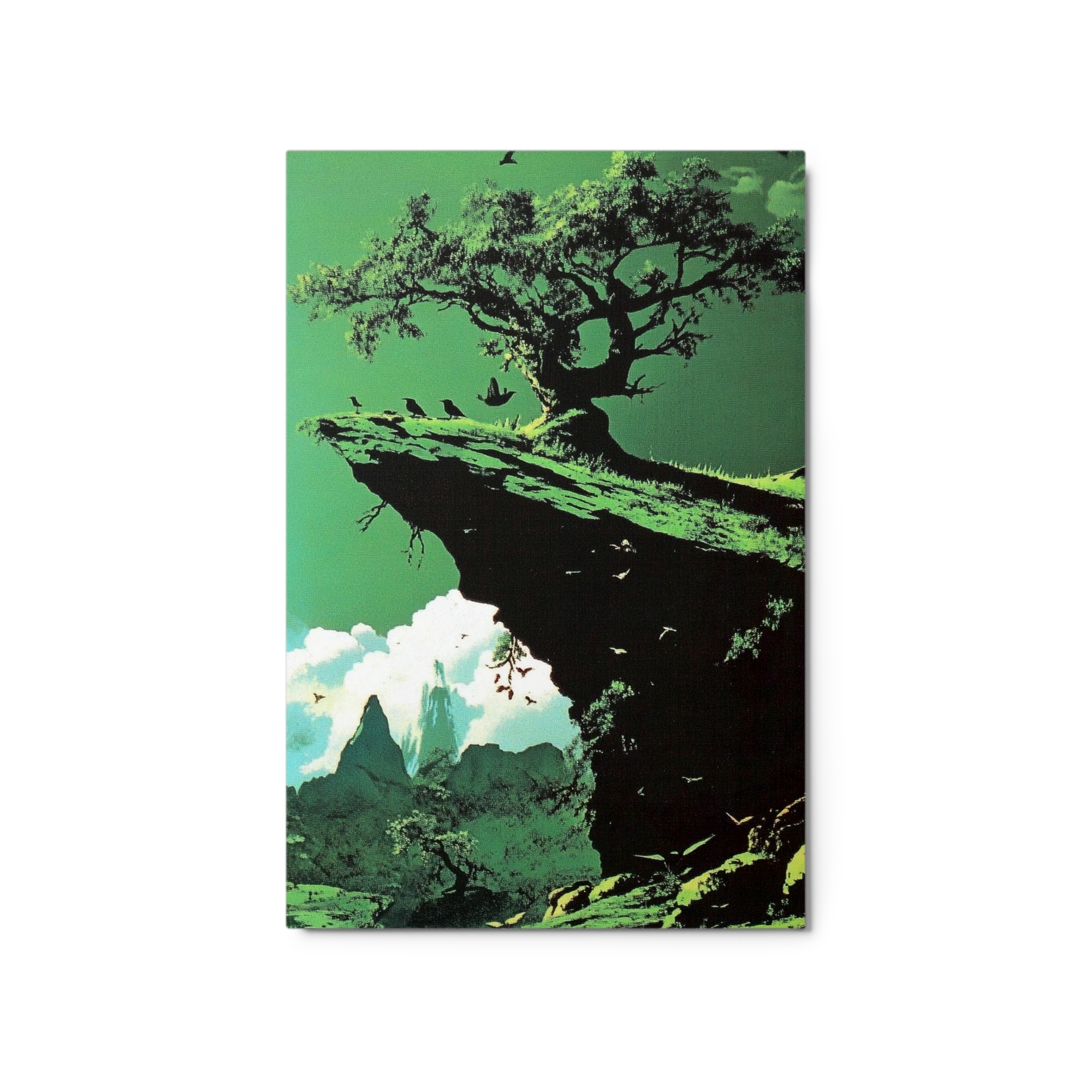 Surreal Green Landscape with Tree and Birds