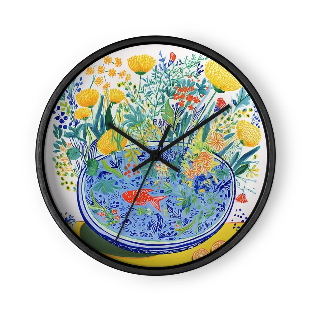 Pesce rosso nella ciotola fiorita | Orologio da parete