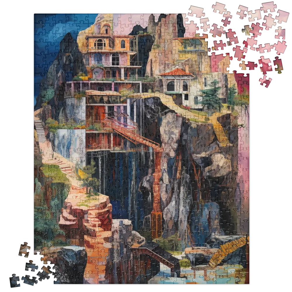 Painterly Surreal Cliffside Citadel 
 Jigsaw Puzzle