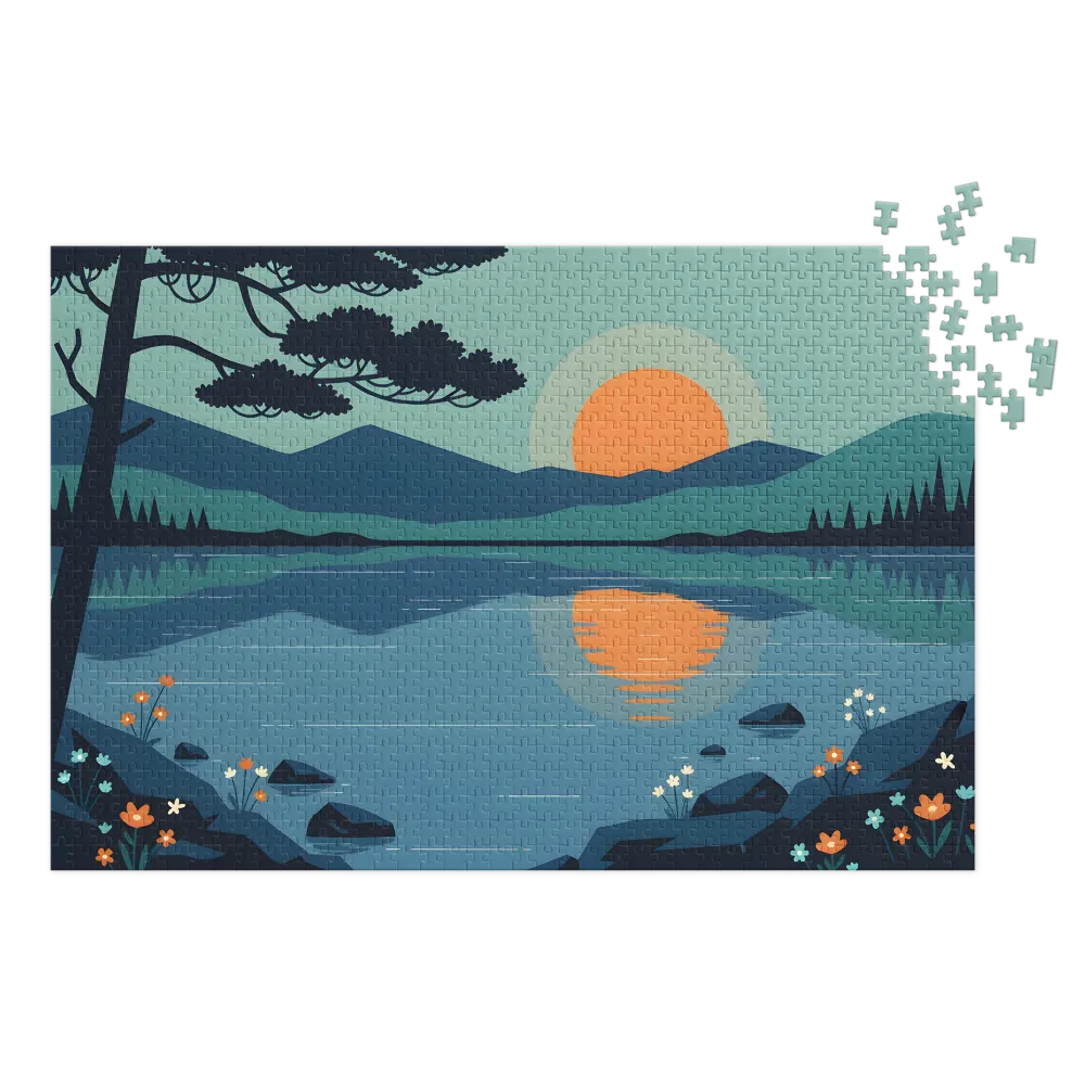 Lake Mountain Sunset 
 Jigsaw Puzzle in Tin Box