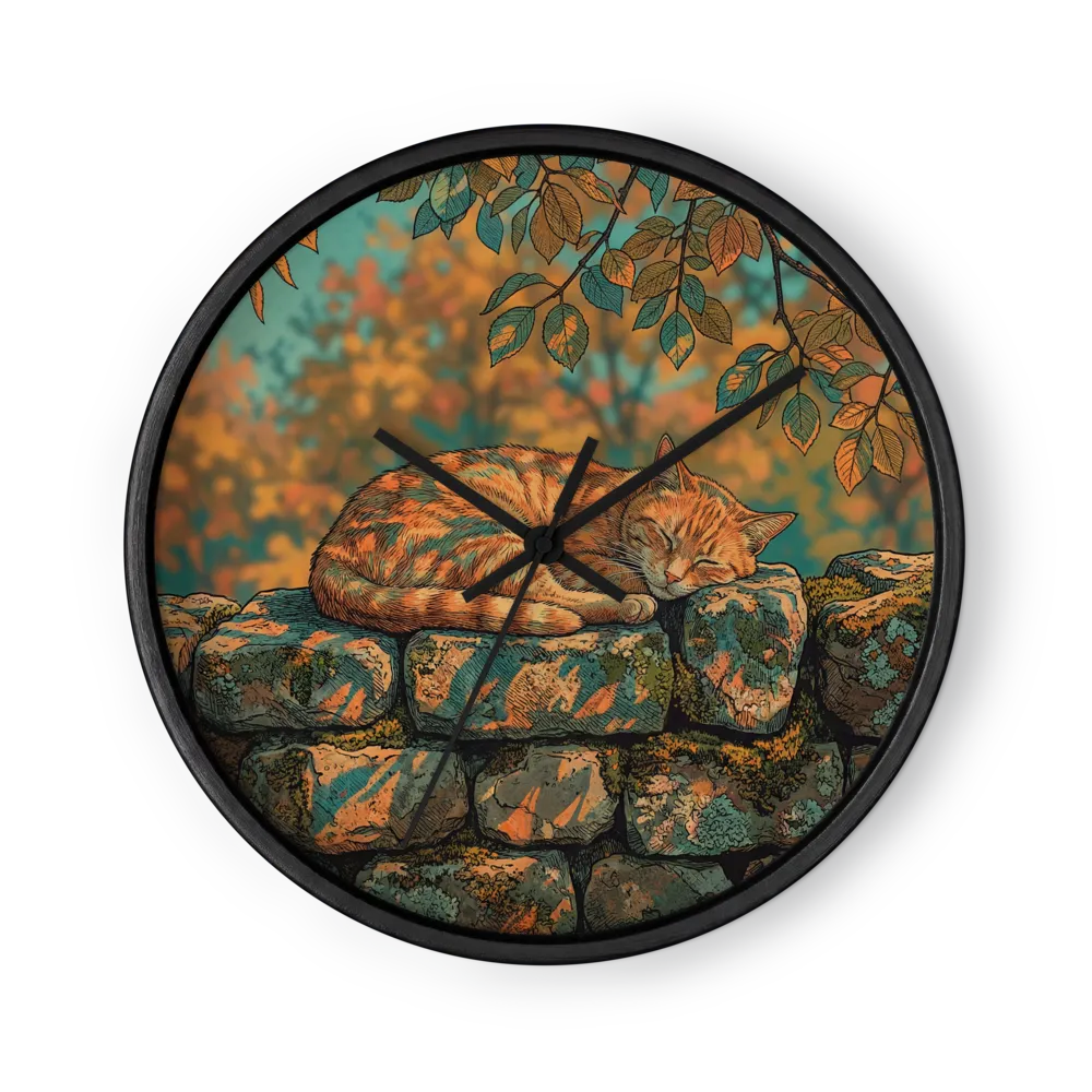 Autumn Nap on Stone Wall | Wall Clock