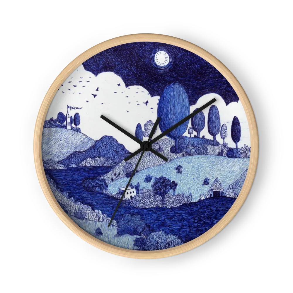 Anxious Indigo Linework Wall Clocks — Faces, Hills and Clouds