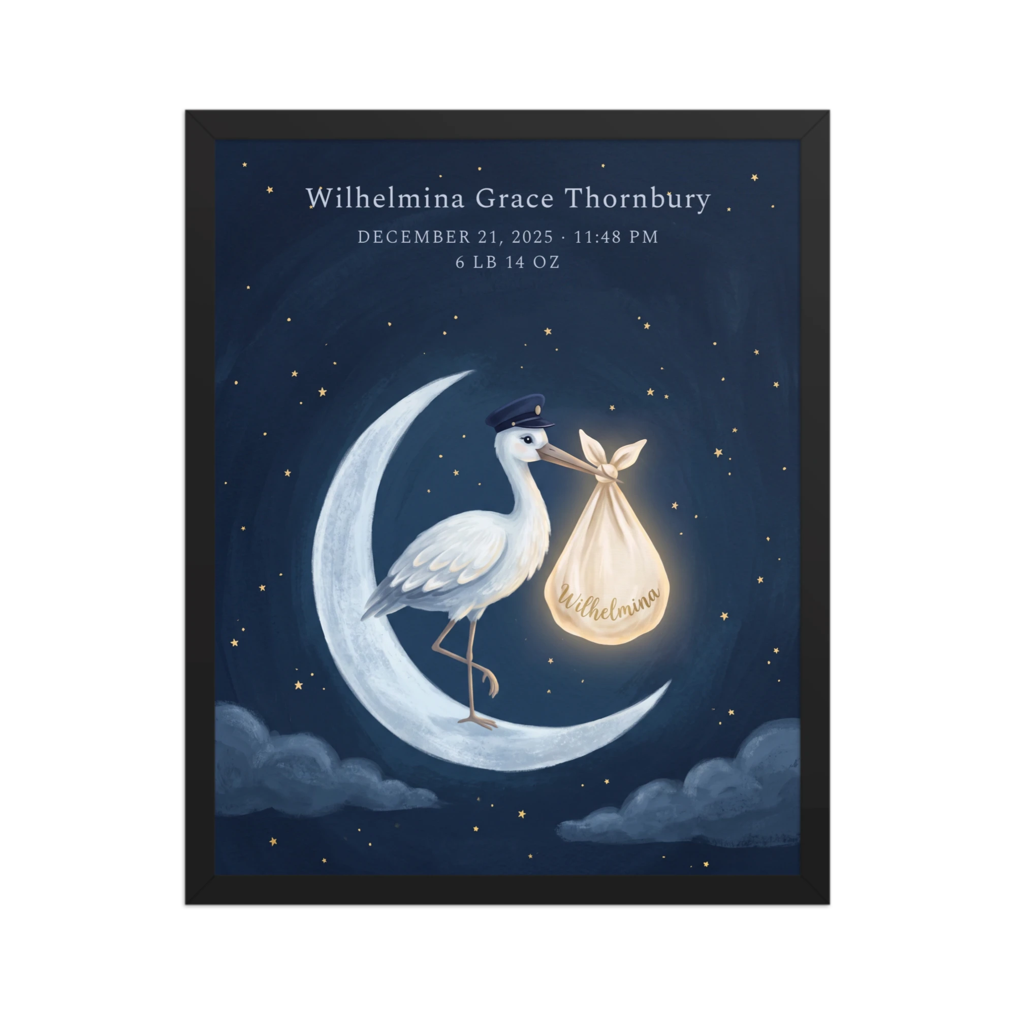 Moonlit Stork Nursery Name Art — example