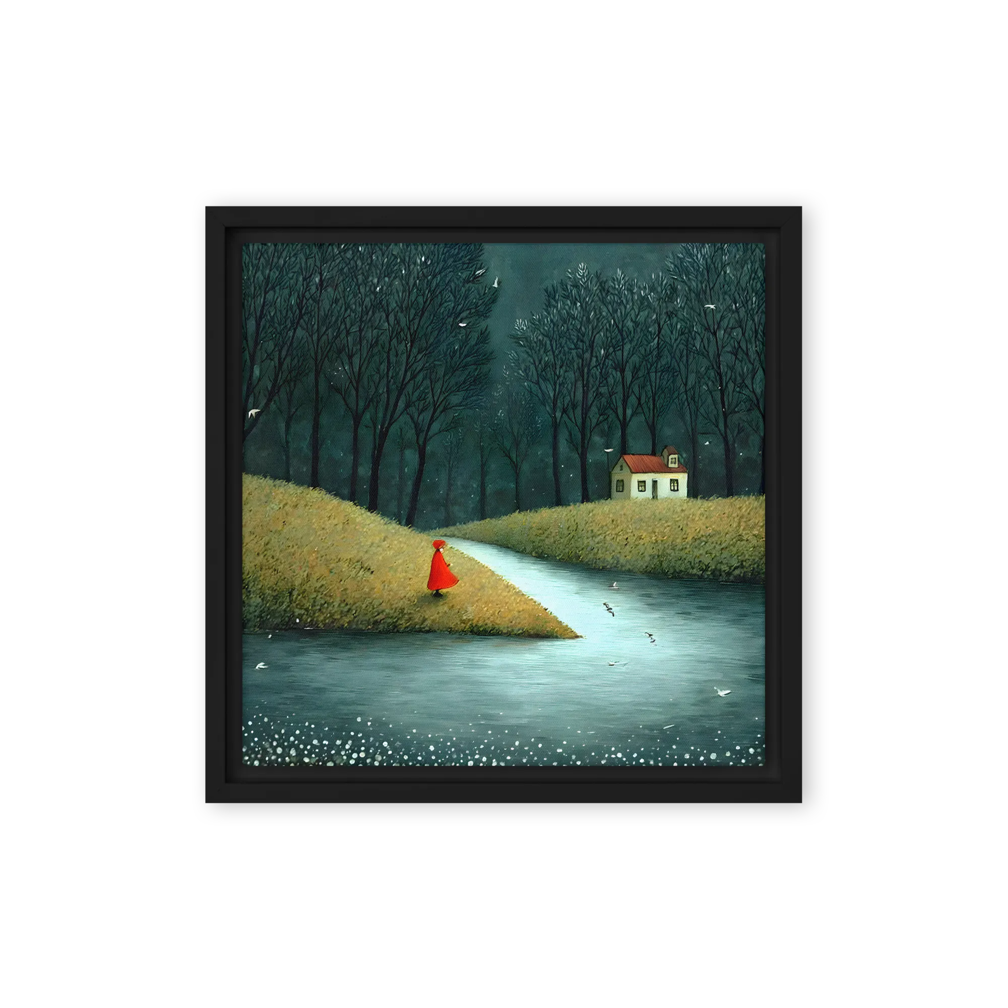 The Red Cloak's Moonlit Path 
 Canvas | 32″x 32″
