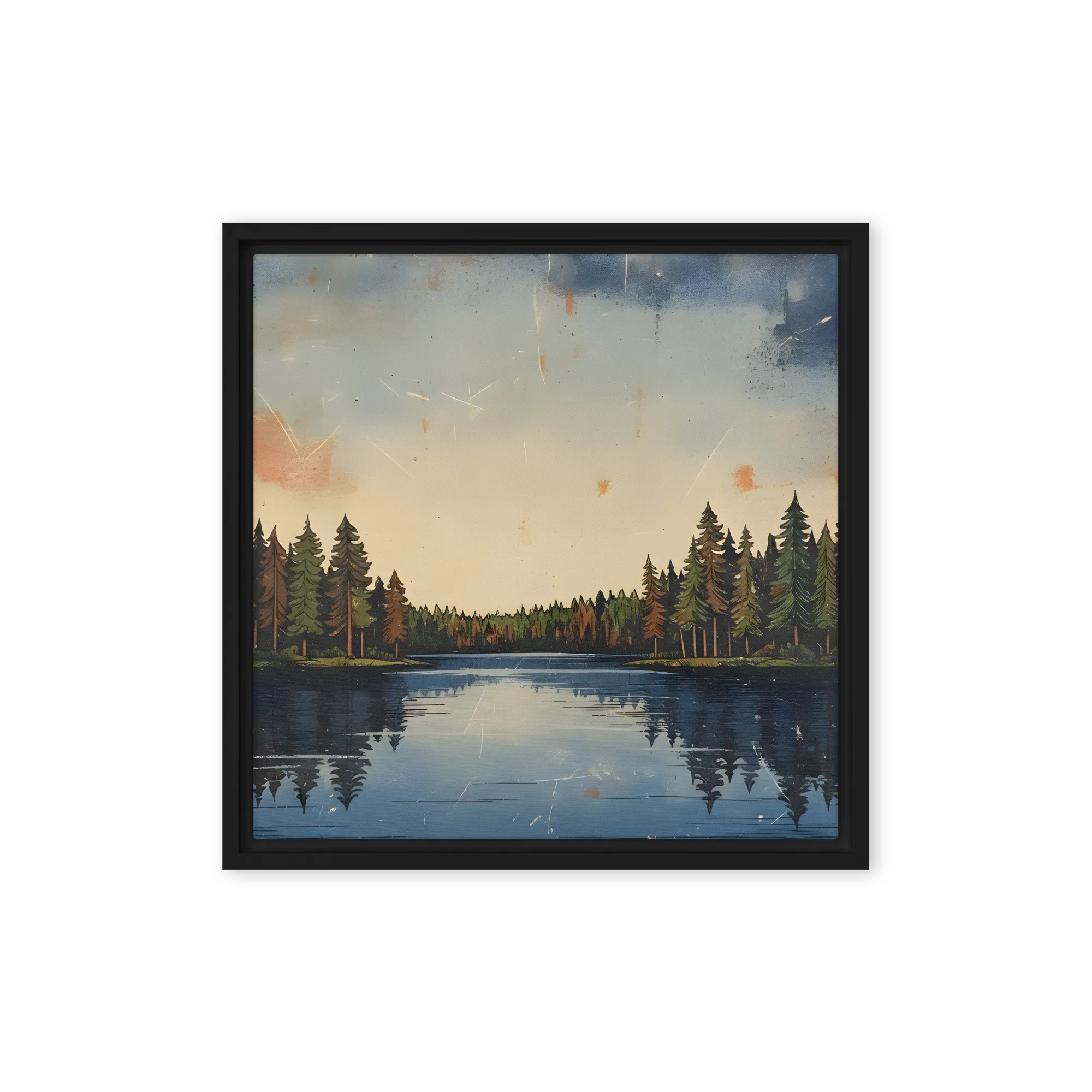 Pine Forest Lake Reflection 
 Poster with White Frame | 18″x 18″
