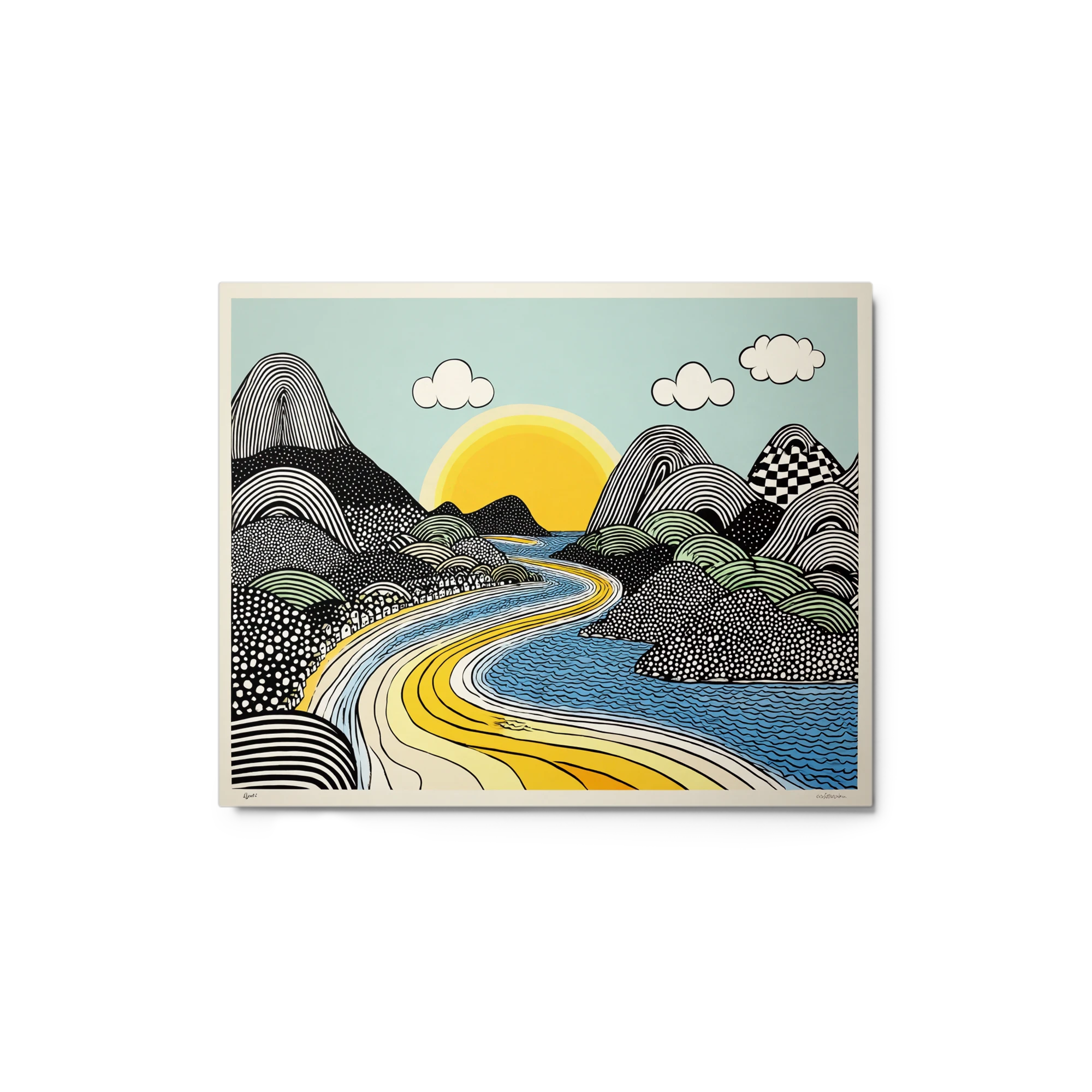 Graphic Sun Over Patterned Hills | Art Print