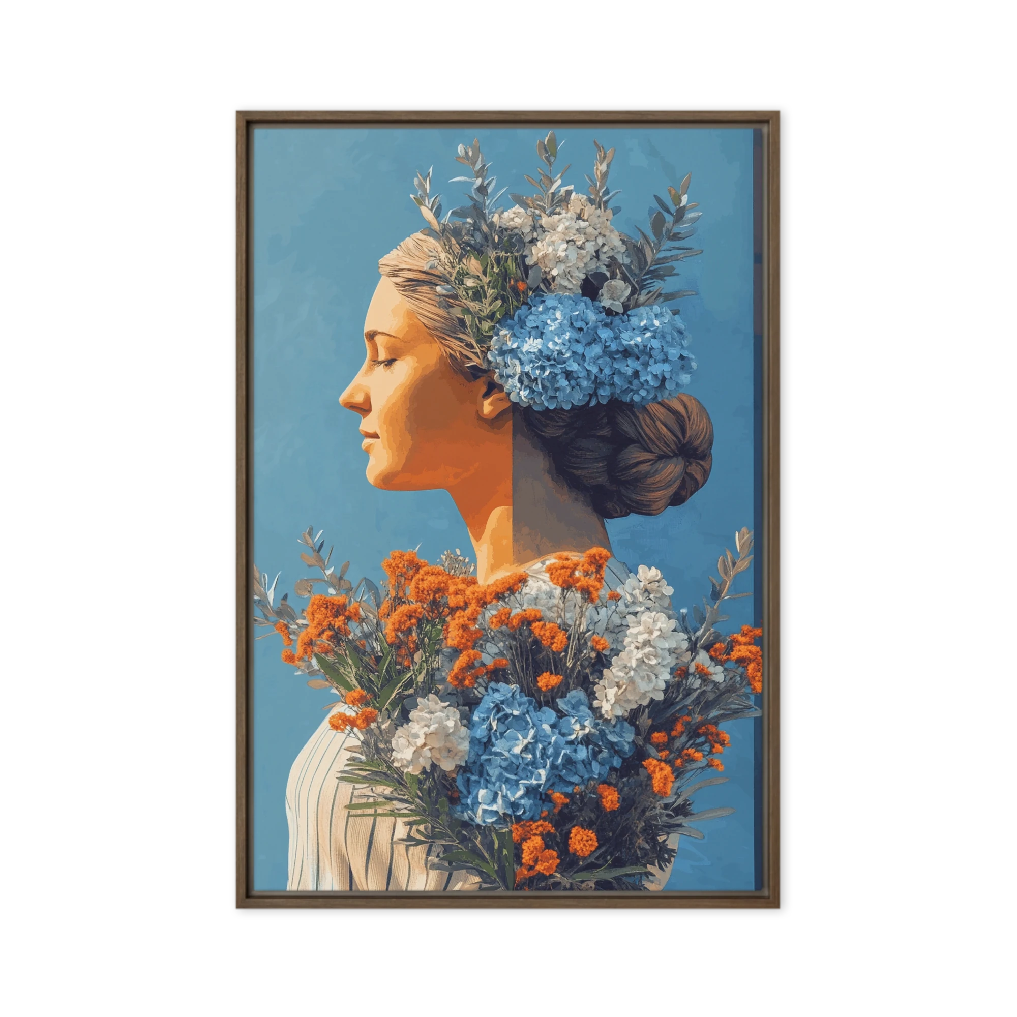 Serene Woman with Blue and Orange Flowers
