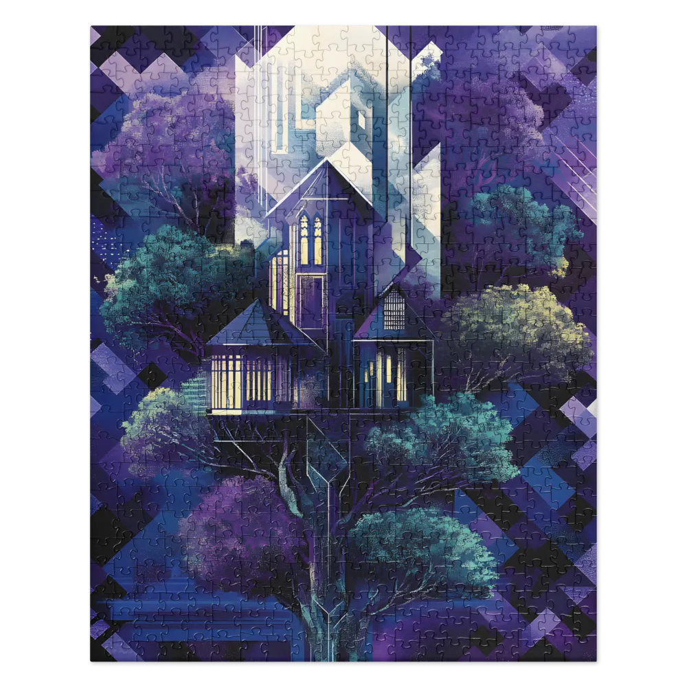 Geometric Fantasy Tree Houses 
 Jigsaw Puzzle in Tin Box