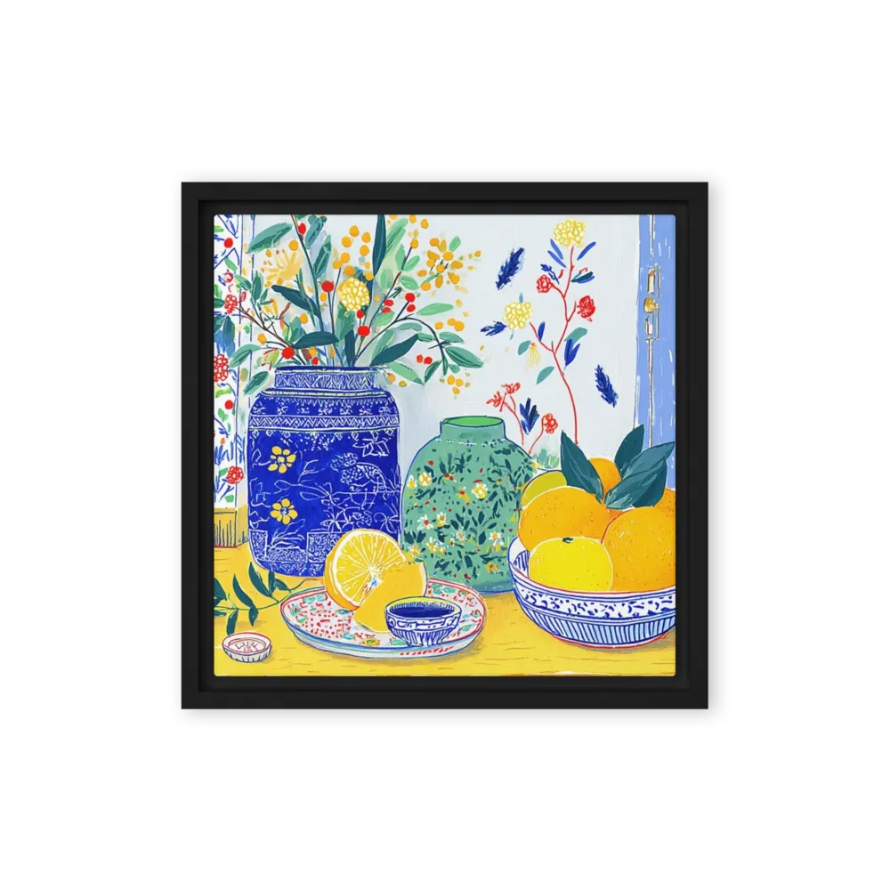 Mediterranean Citrus and Patterned Vases 
 Poster with Black Frame | 10″x 10″