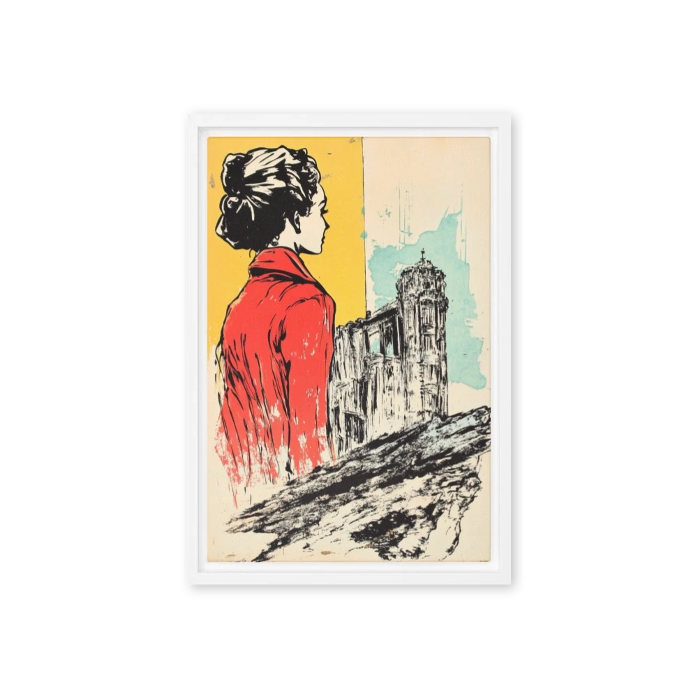Profile of a Woman in Red with Ruined Building