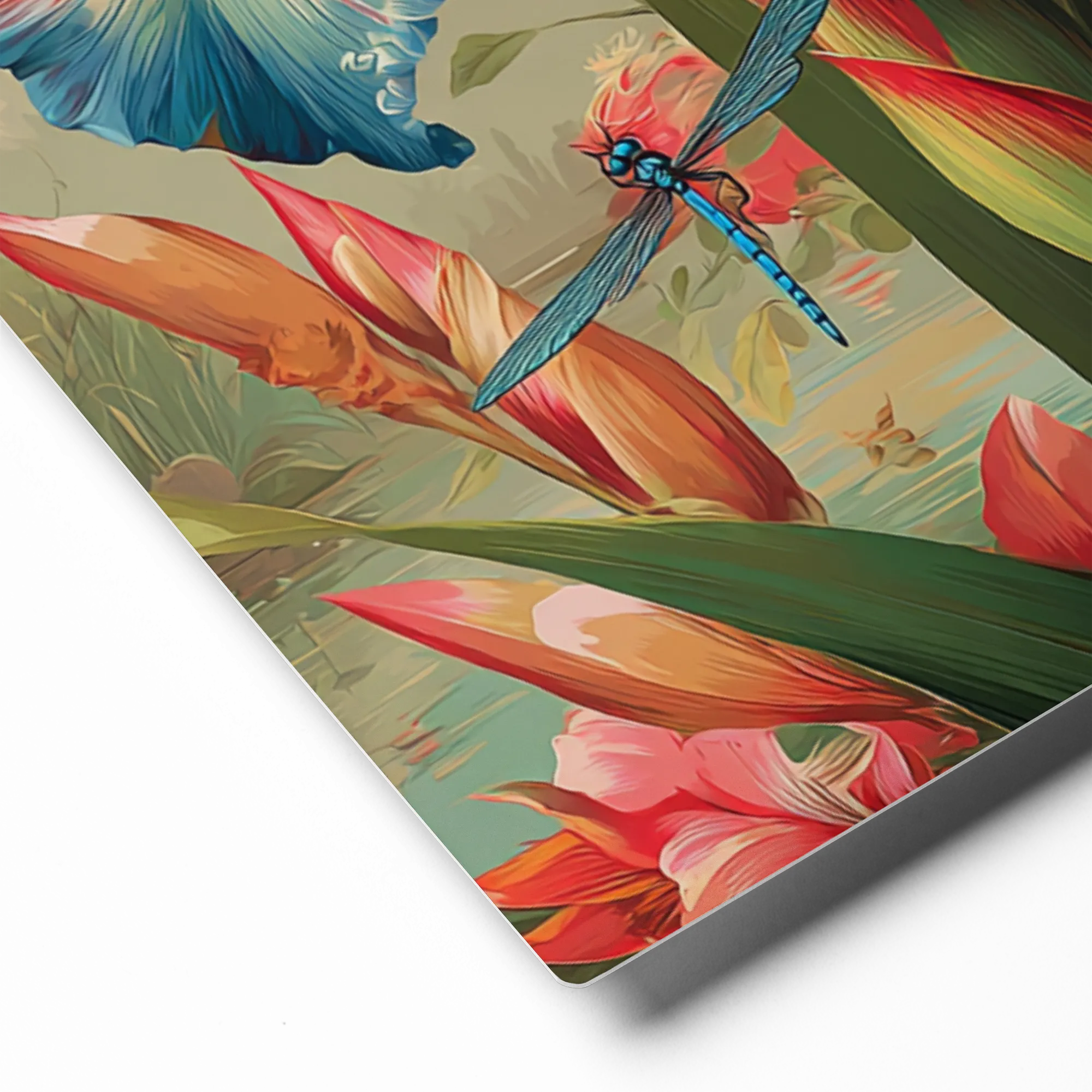 The Blue Iris and Dragonflies 
 Canvas with Brown Frame