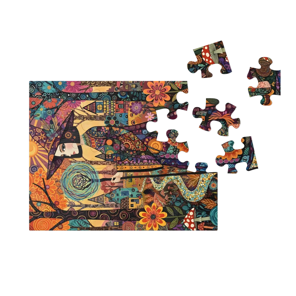 Mosaic Forest Witch 
 Jigsaw Puzzle in Tin Box