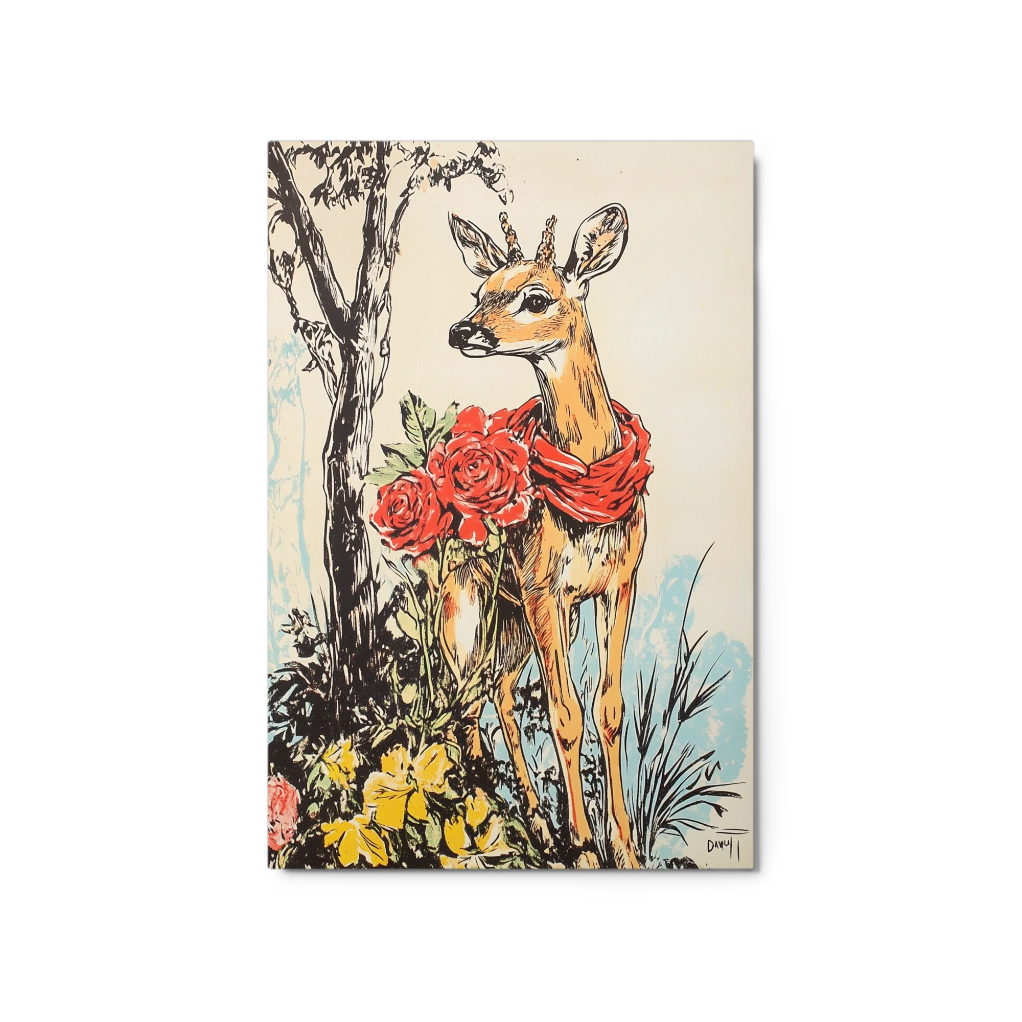 Deer with Red Scarf and Flowers