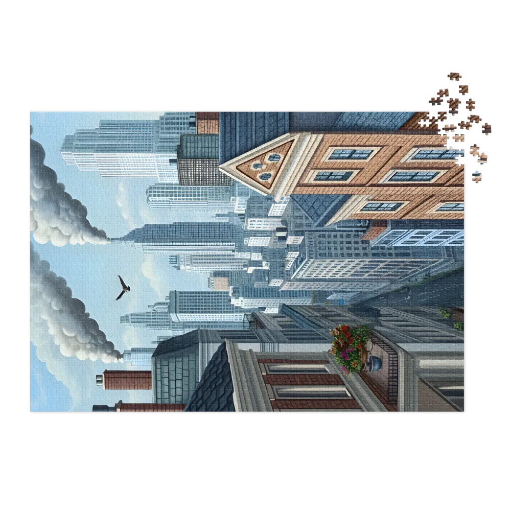 Cityscape with Skyscrapers and Smoke