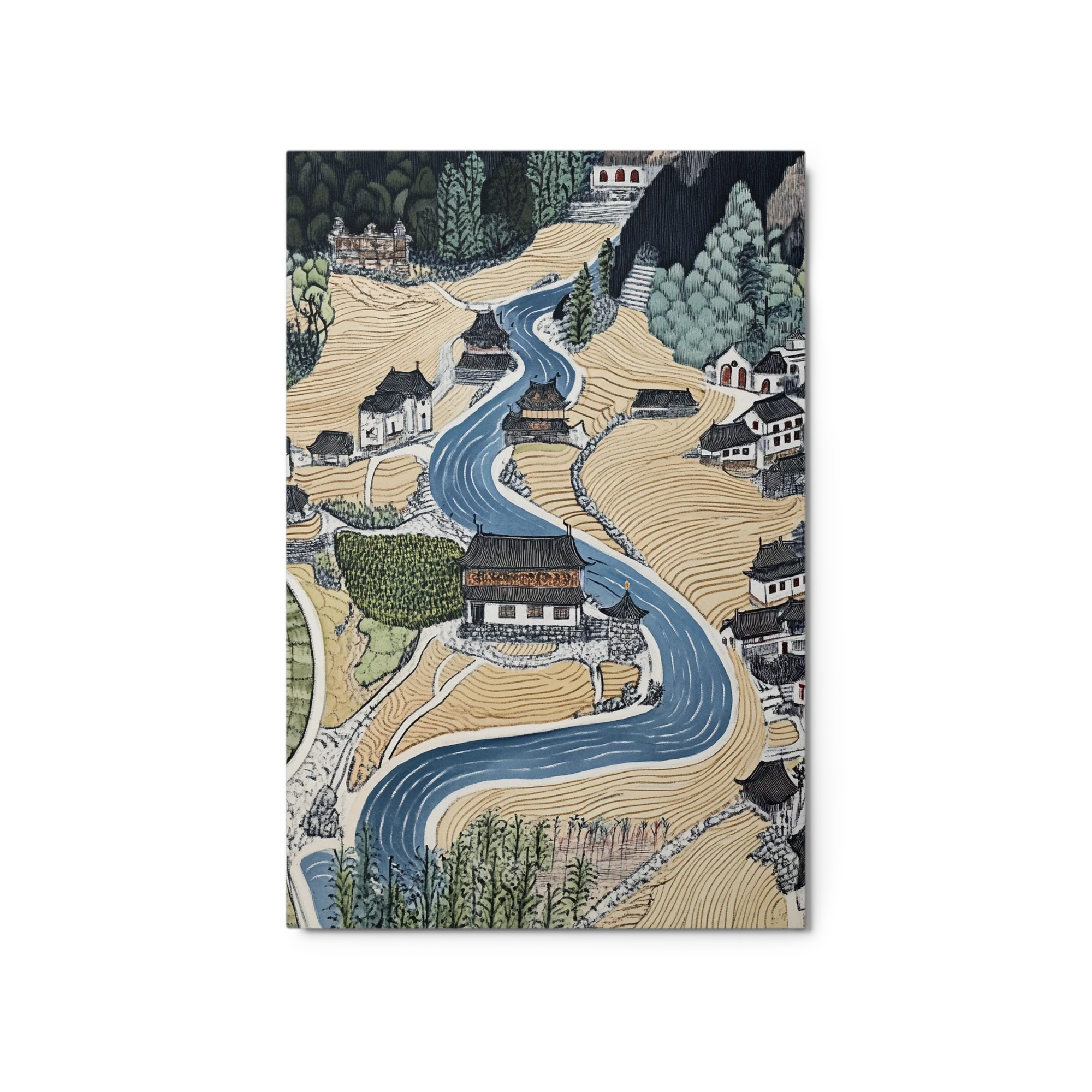 Winding River Through Village Landscape