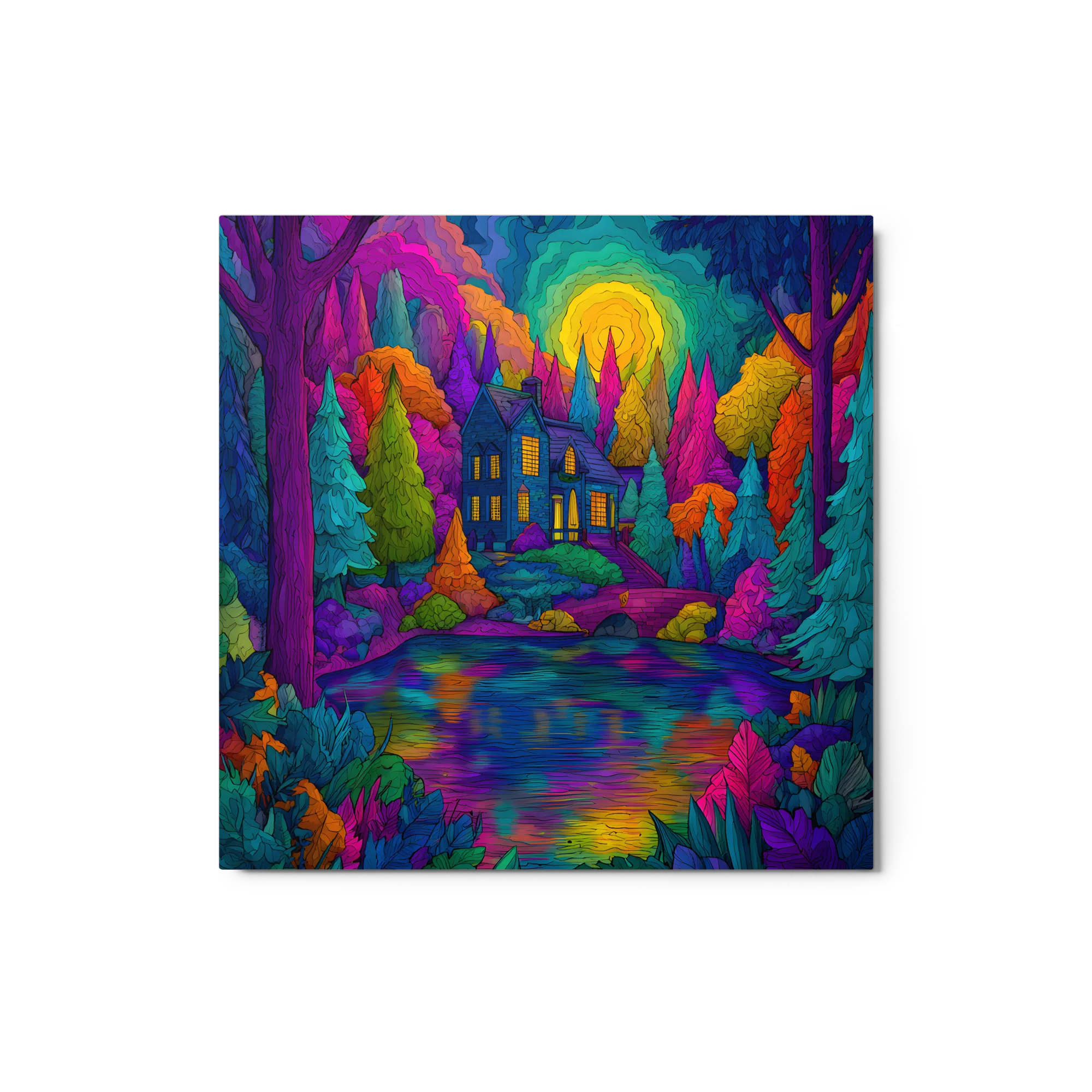 Psychedelic Forest Lake House 
 Canvas with White Frame